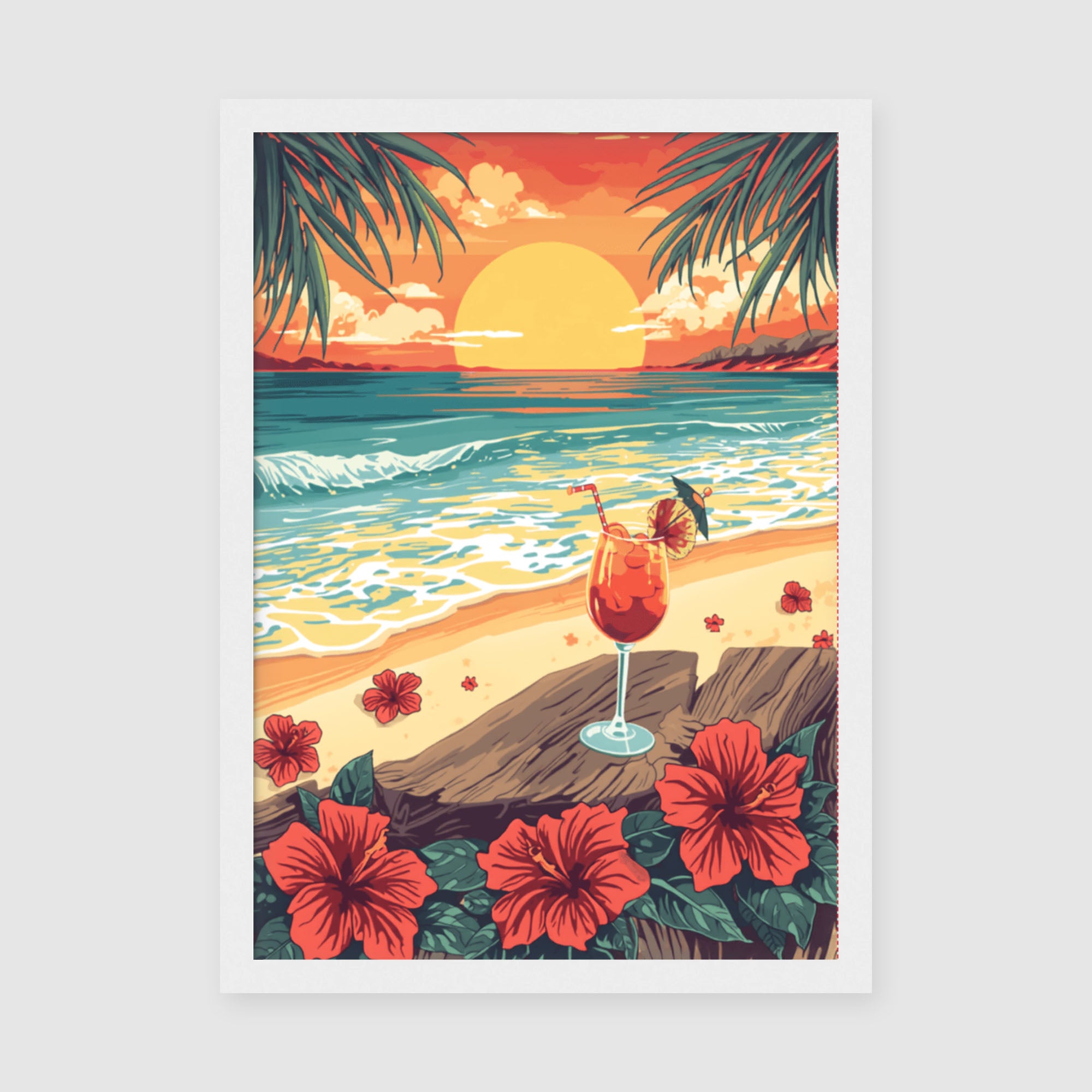 Framed Poster A3 Classic White Frame - Vibrant tropical beach artwork featuring sunset over ocean with swaying palms, bright red flowers, and tropical drink with umbrella