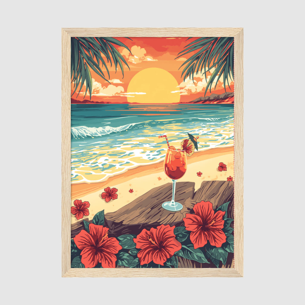 Framed Poster A2 Classic Wood Frame - Paradise beach scene with warm orange sky, blue-green ocean waves, lush hibiscus blooms, and festive cocktail in foreground