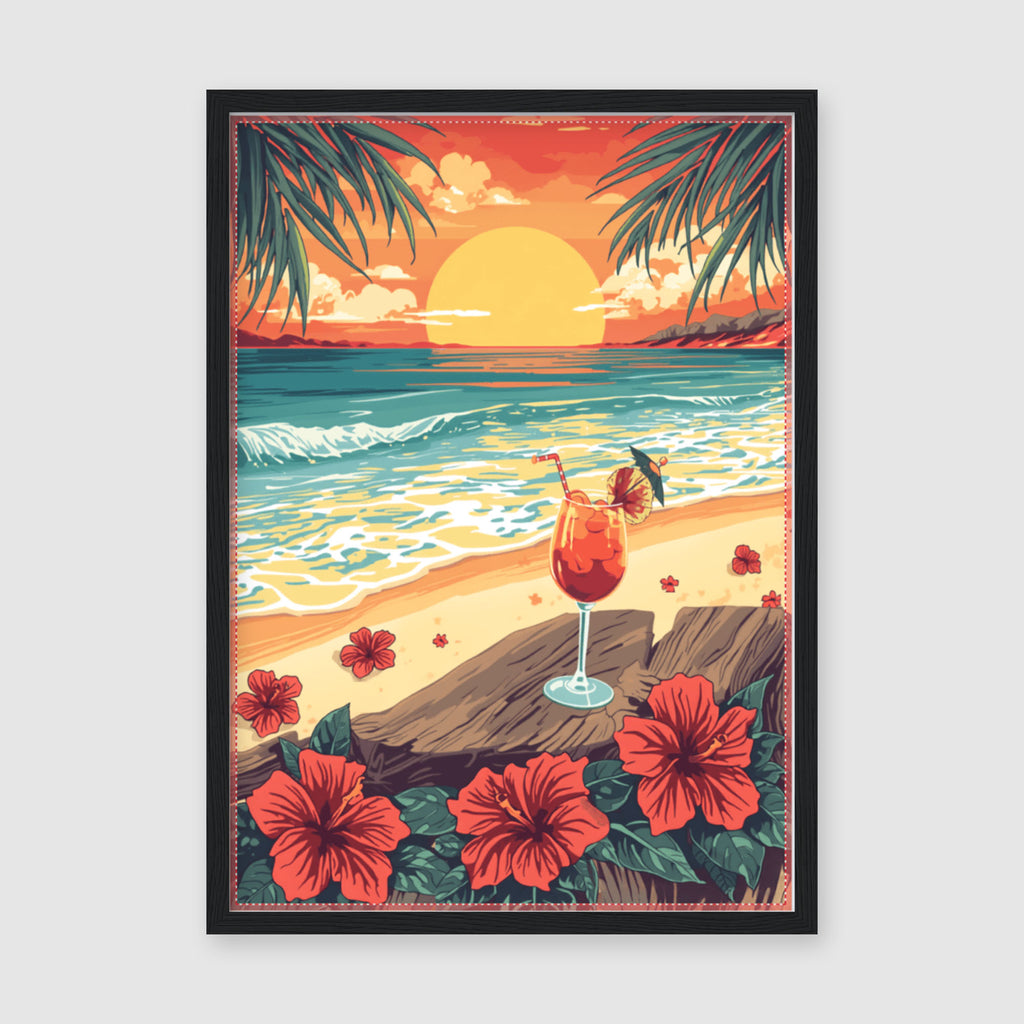Framed Poster A4 No Frame - Tropical island sunset print showing palm tree leaves, golden sun reflection on water, vibrant red flowers, and decorated beverage