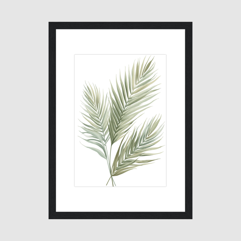Framed Print A4 Classic Black Frame - Delicate sage green palm fronds arranged in a minimalist botanical composition on cream background