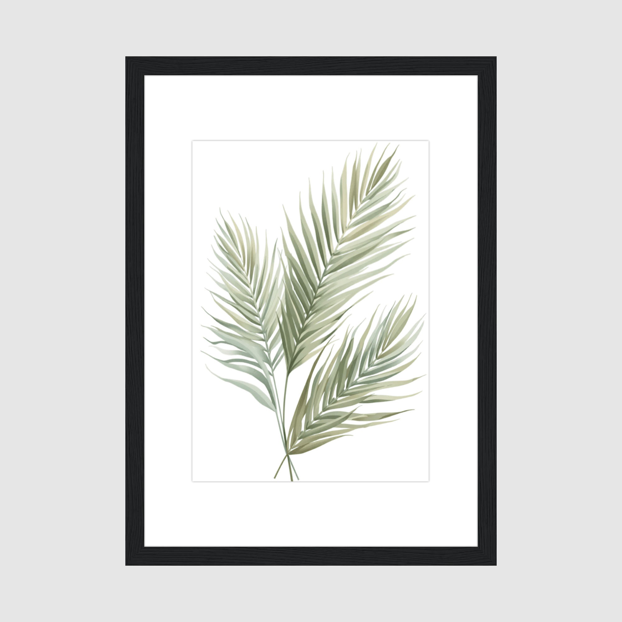 Framed Print A4 Classic Black Frame - Delicate sage green palm fronds arranged in a minimalist botanical composition on cream background