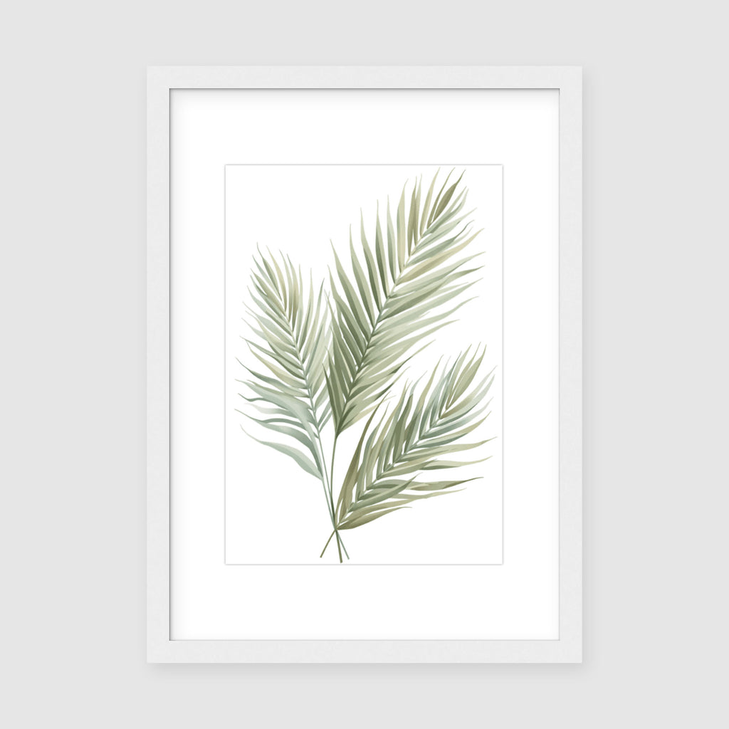 Framed Print A3 Classic White Frame - Soft celadon and green feathered palm leaves with peaceful watercolor-style rendering
