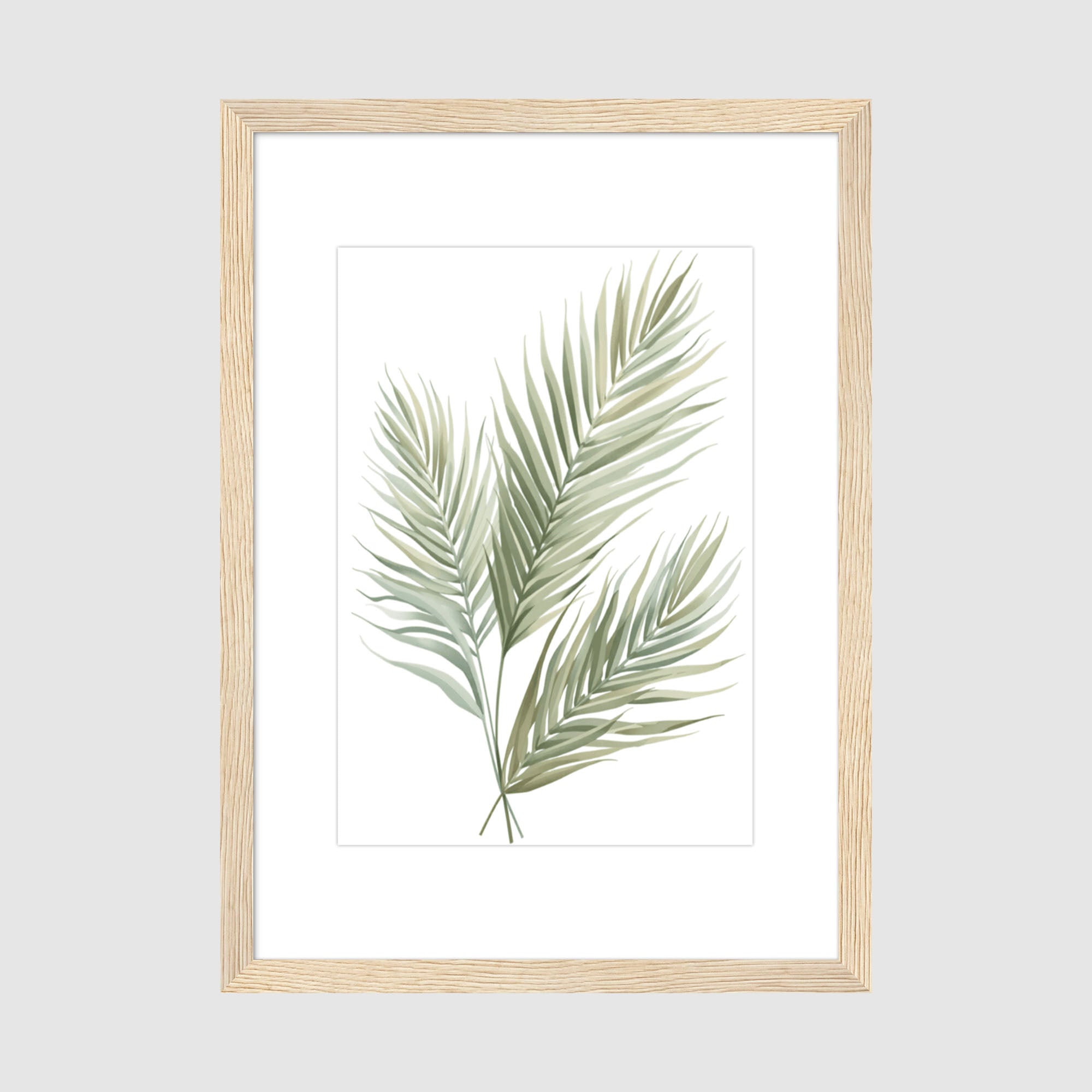 Framed Print A2 Classic Wood Frame - Three graceful palm fronds in muted greens on archival matte paper with natural wood frame