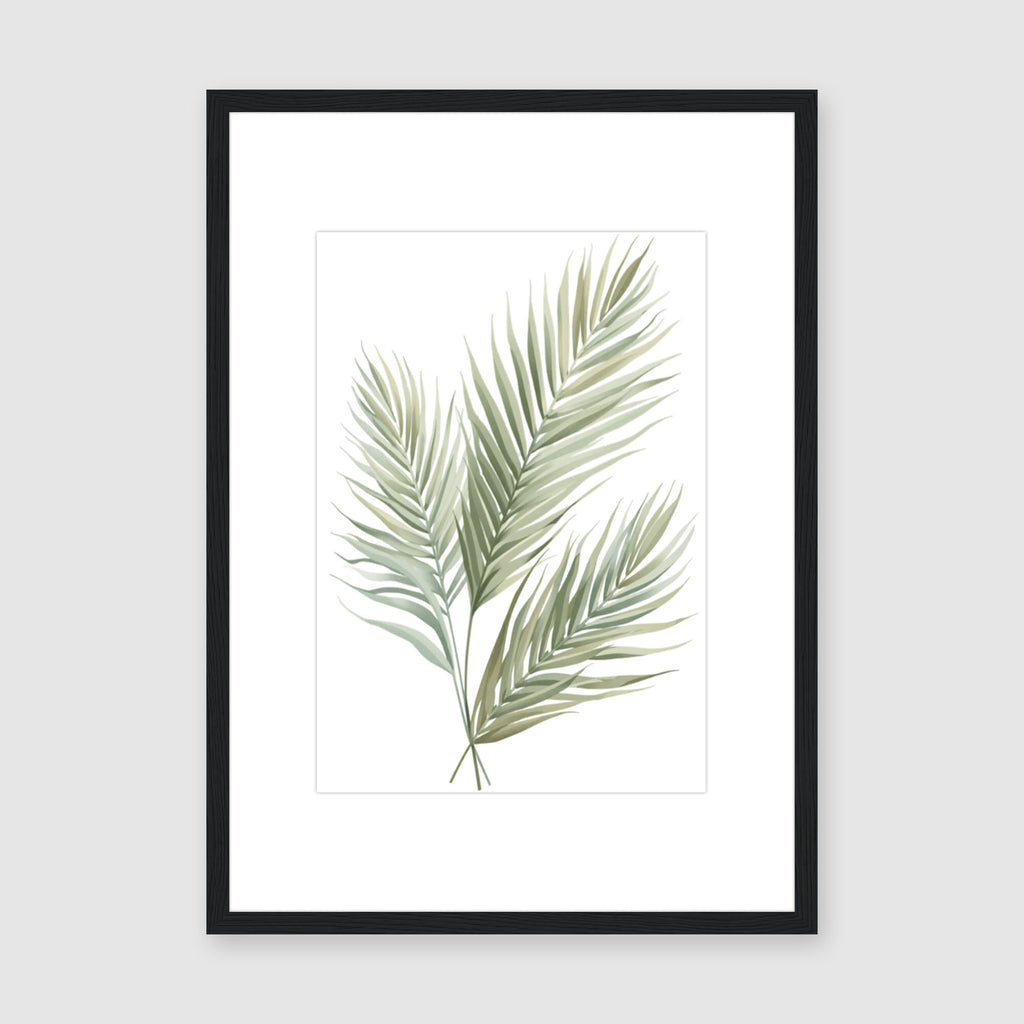 Framed Print A4 With Mount Classic White - Botanical illustration featuring layered palm leaves in gentle sage tones with white mat