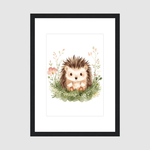Framed Print A4 Black Frame - Cute baby hedgehog surrounded by soft wildflowers and pastel foliage in warm cream and sage tones
