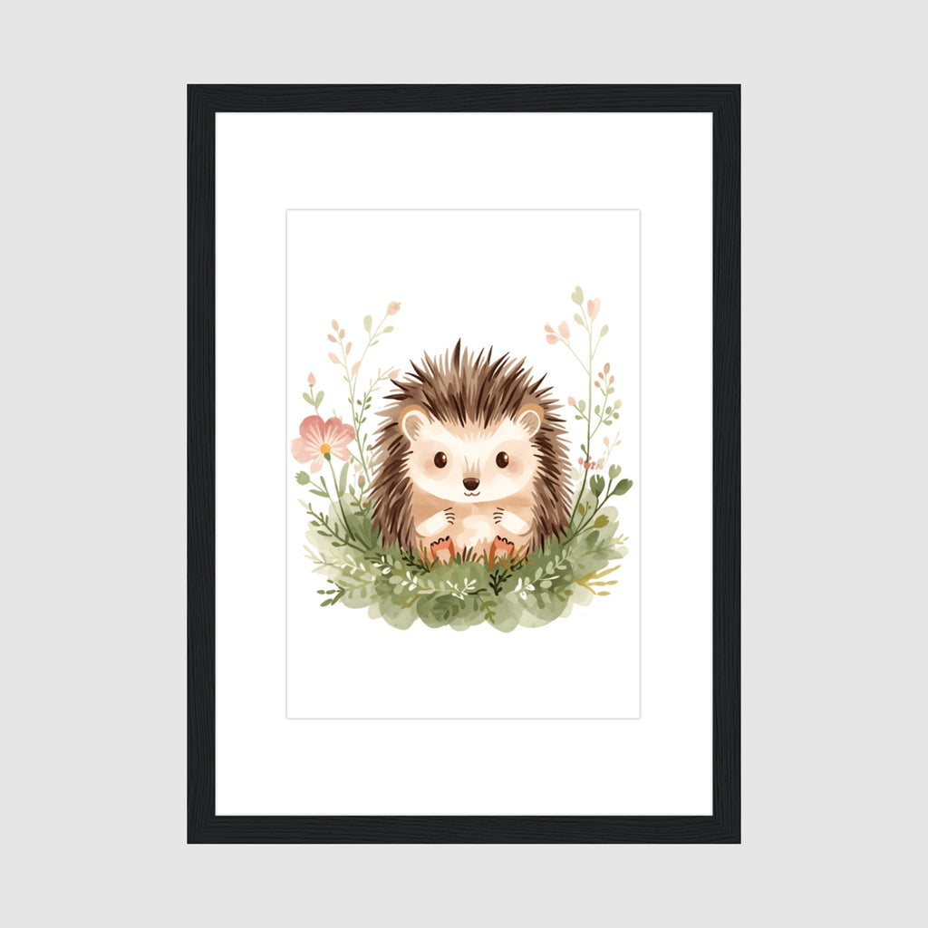 Framed Print A4 Black Frame - Cute baby hedgehog surrounded by soft wildflowers and pastel foliage in warm cream and sage tones