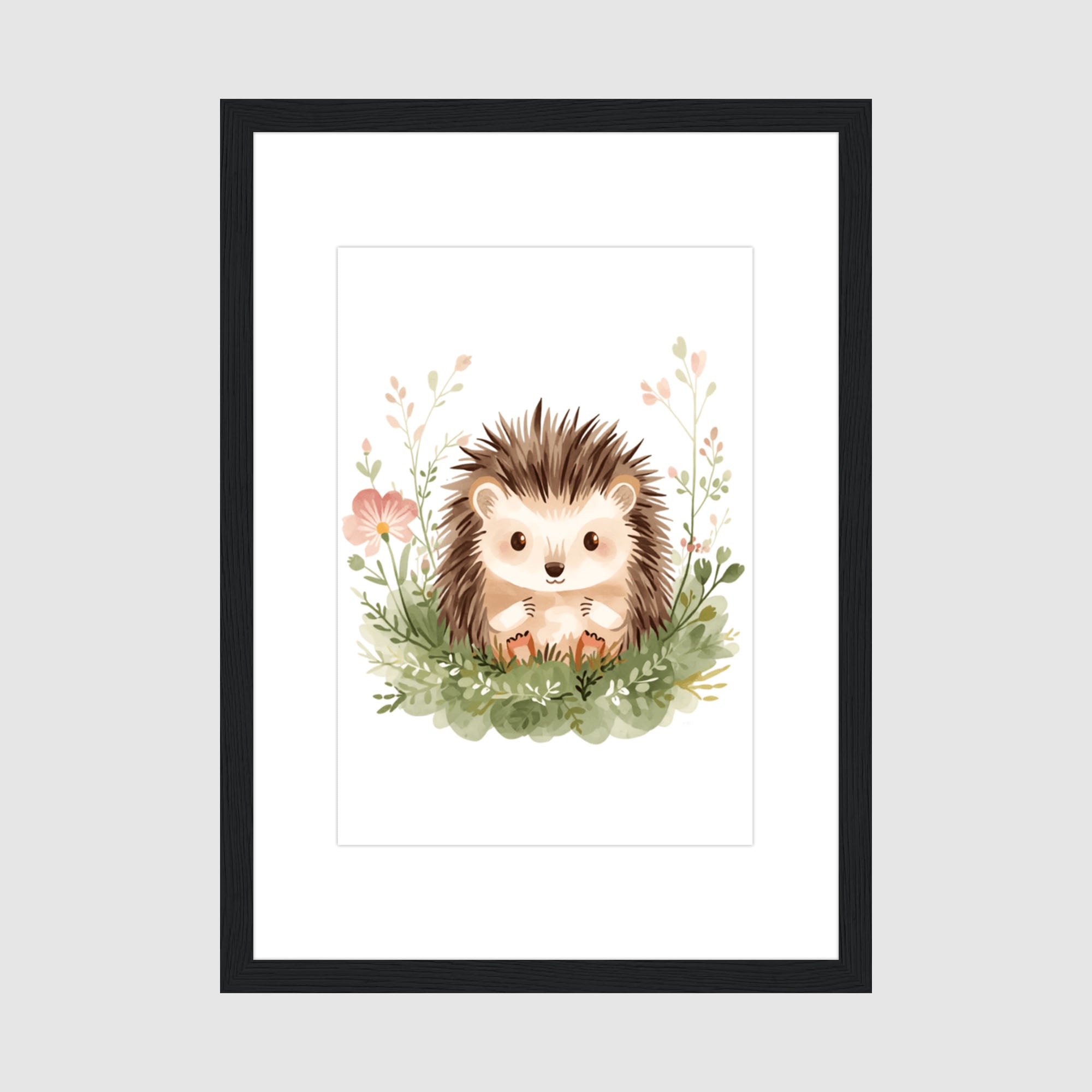 Framed Print A4 Black Frame - Cute baby hedgehog surrounded by soft wildflowers and pastel foliage in warm cream and sage tones