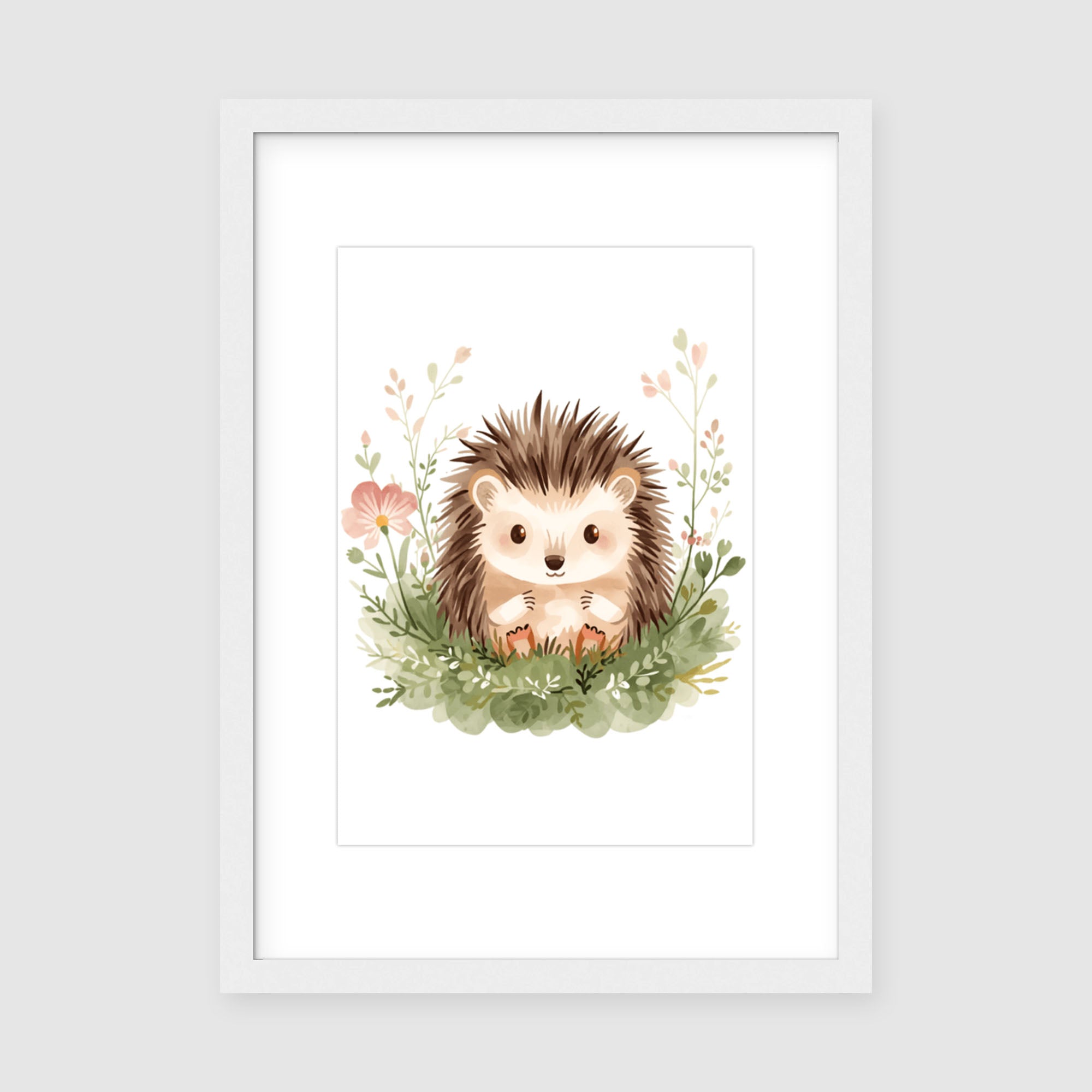 Framed Print A4 White Frame - Sweet illustrated hedgehog with spiky brown quills nestled in botanical garden setting