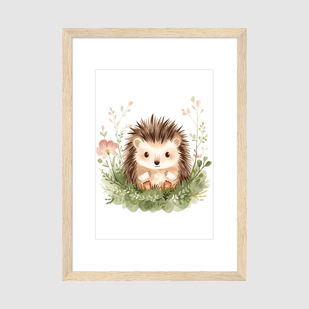 Framed Print A3 Wood Frame - Adorable baby hedgehog with pink flowers and delicate green leaves in gentle watercolor style
