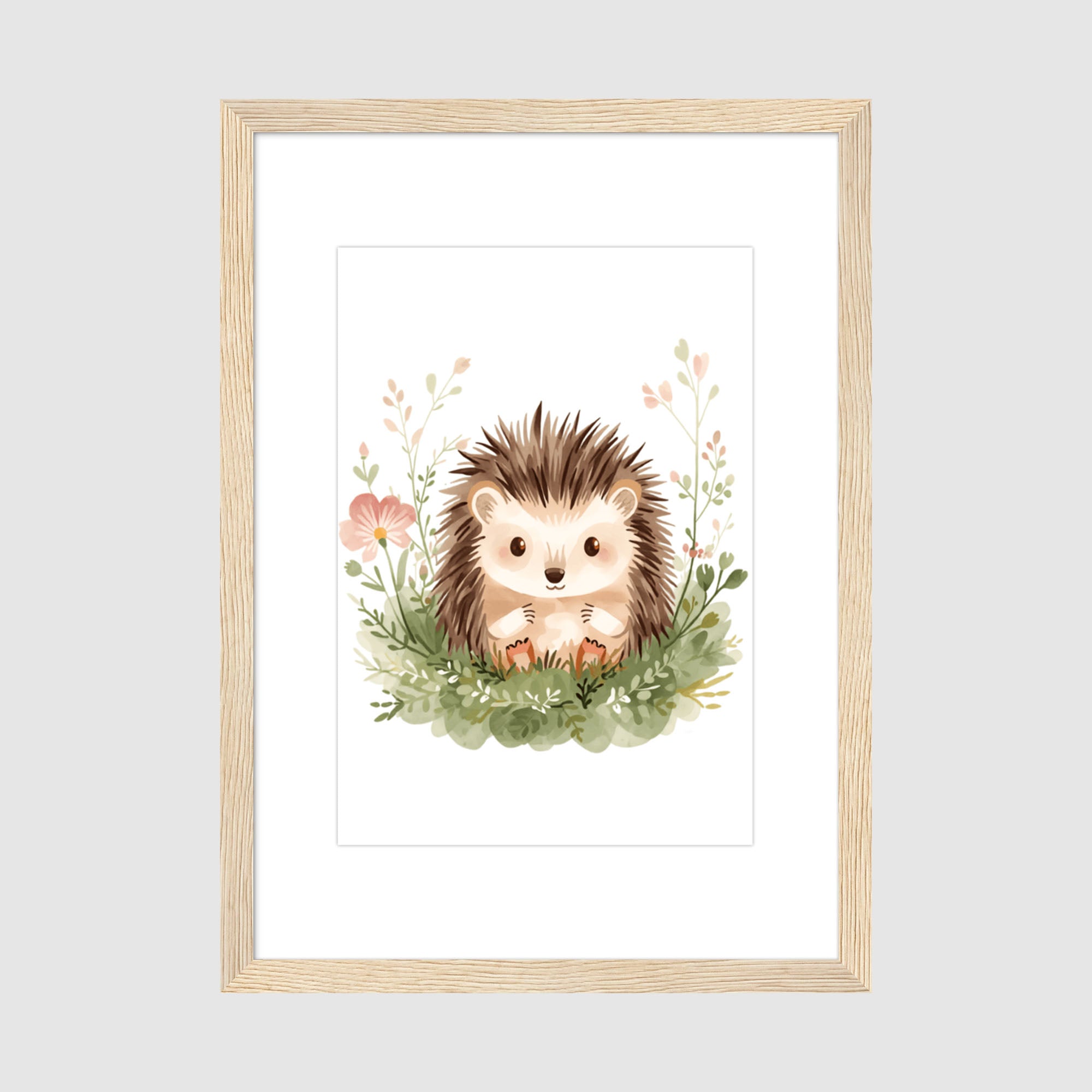 Framed Print A3 Wood Frame - Adorable baby hedgehog with pink flowers and delicate green leaves in gentle watercolor style