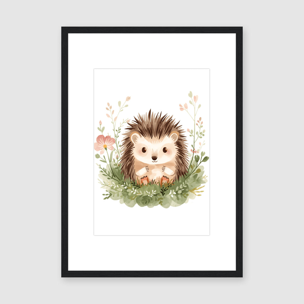Framed Print A2 Black Frame - Charming hedgehog illustration with blush and cream wildflowers on archival matte paper