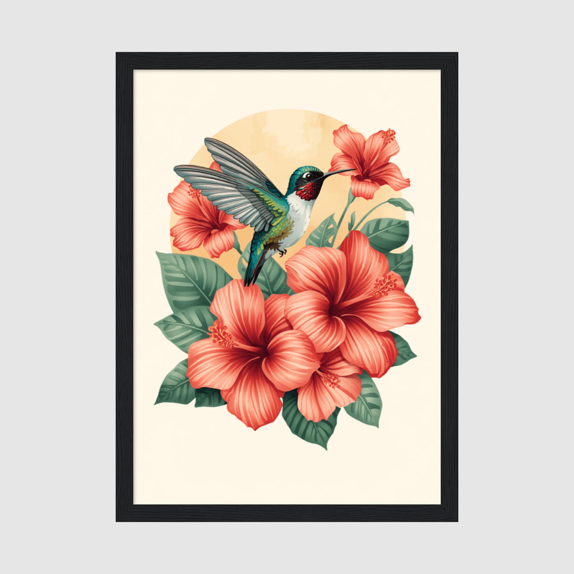 Framed Poster A4 Classic Black - Hummingbird hovering over coral-pink hibiscus flowers with green foliage on cream background