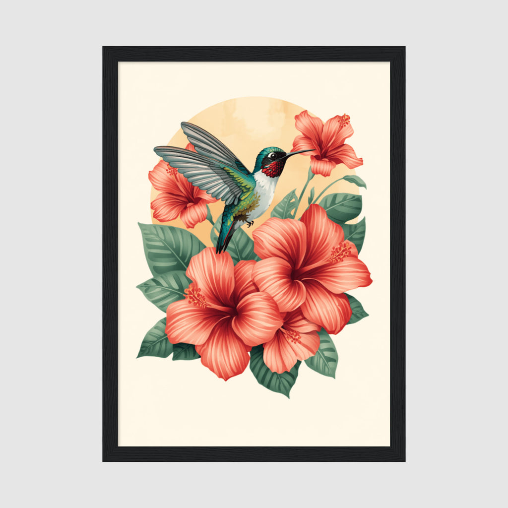 Framed Poster A4 Classic Black - Hummingbird hovering over coral-pink hibiscus flowers with green foliage on cream background