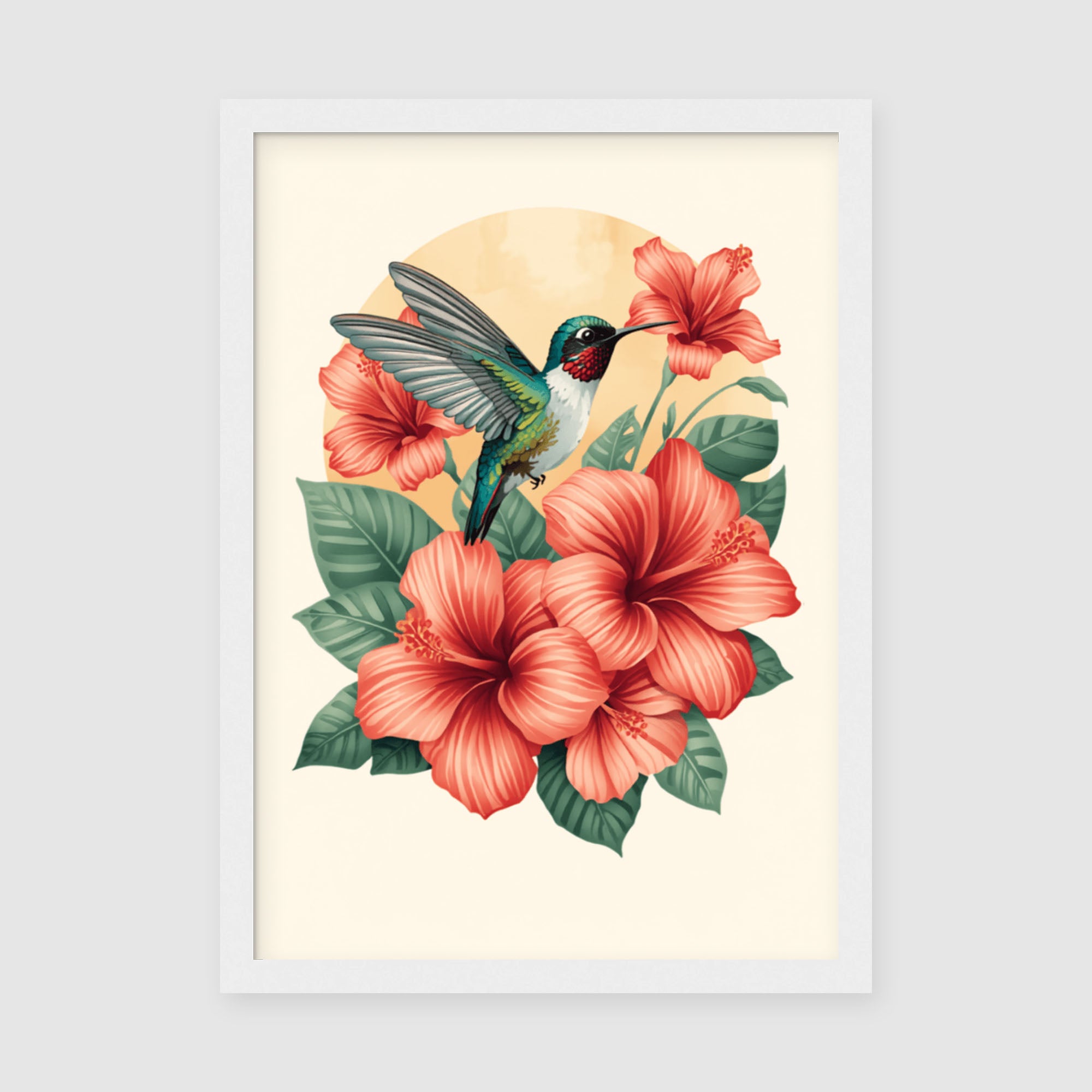 Framed Poster A3 Classic White - Jewel-toned hummingbird approaching vibrant red hibiscus blooms in botanical illustration style