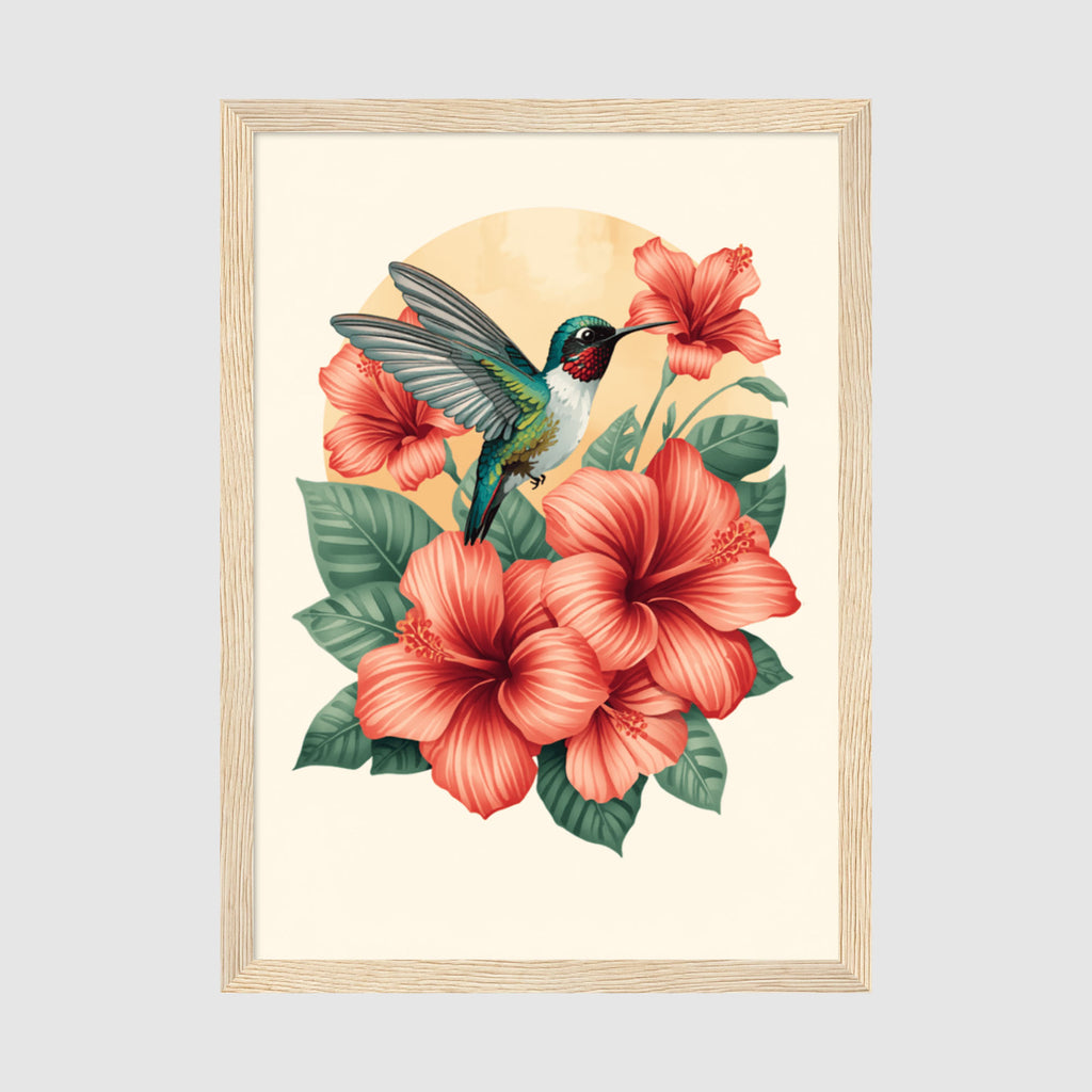 Framed Poster A2 Classic Wood - Delicate hummingbird in flight surrounded by layered coral hibiscus flowers and lush green leaves