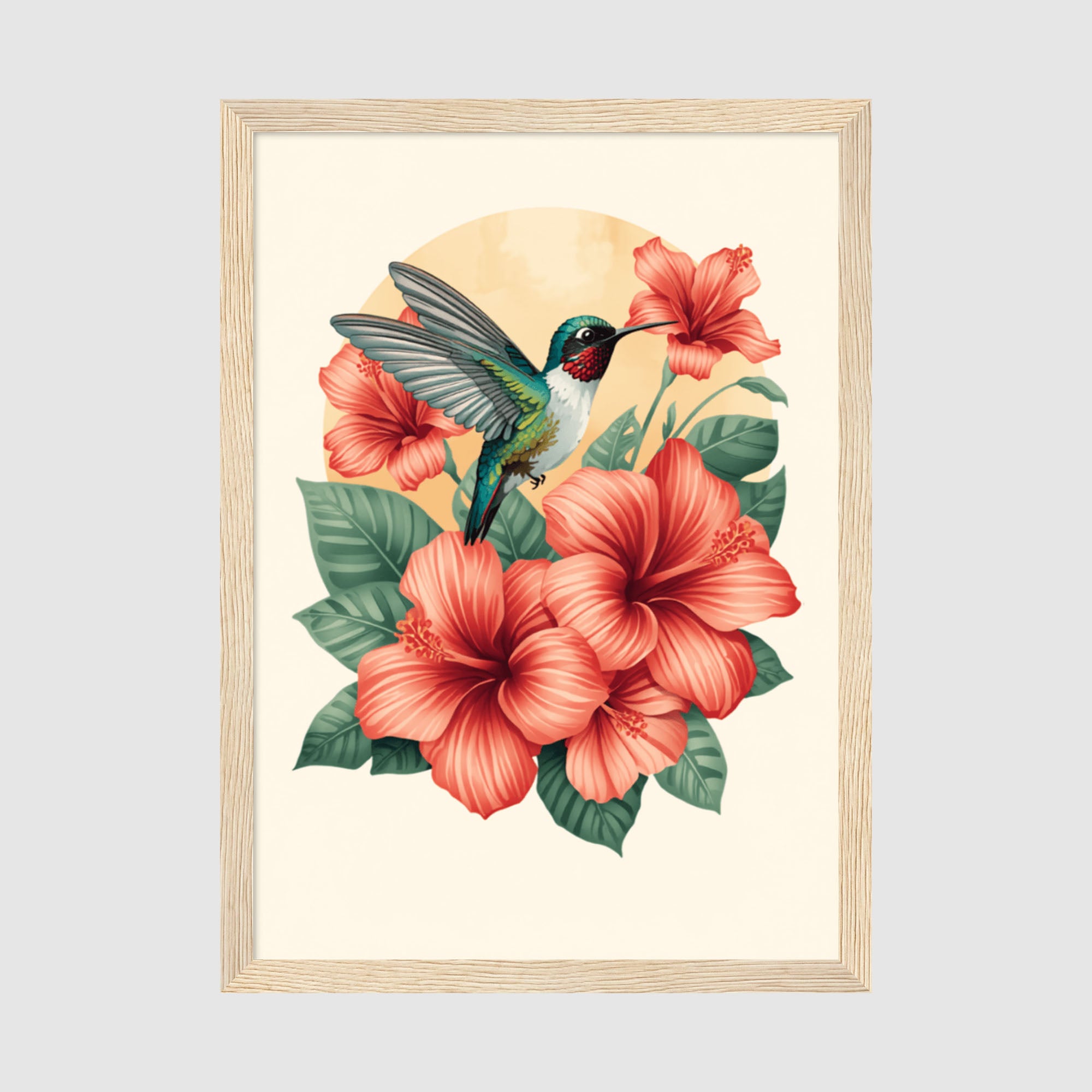 Framed Poster A2 Classic Wood - Delicate hummingbird in flight surrounded by layered coral hibiscus flowers and lush green leaves