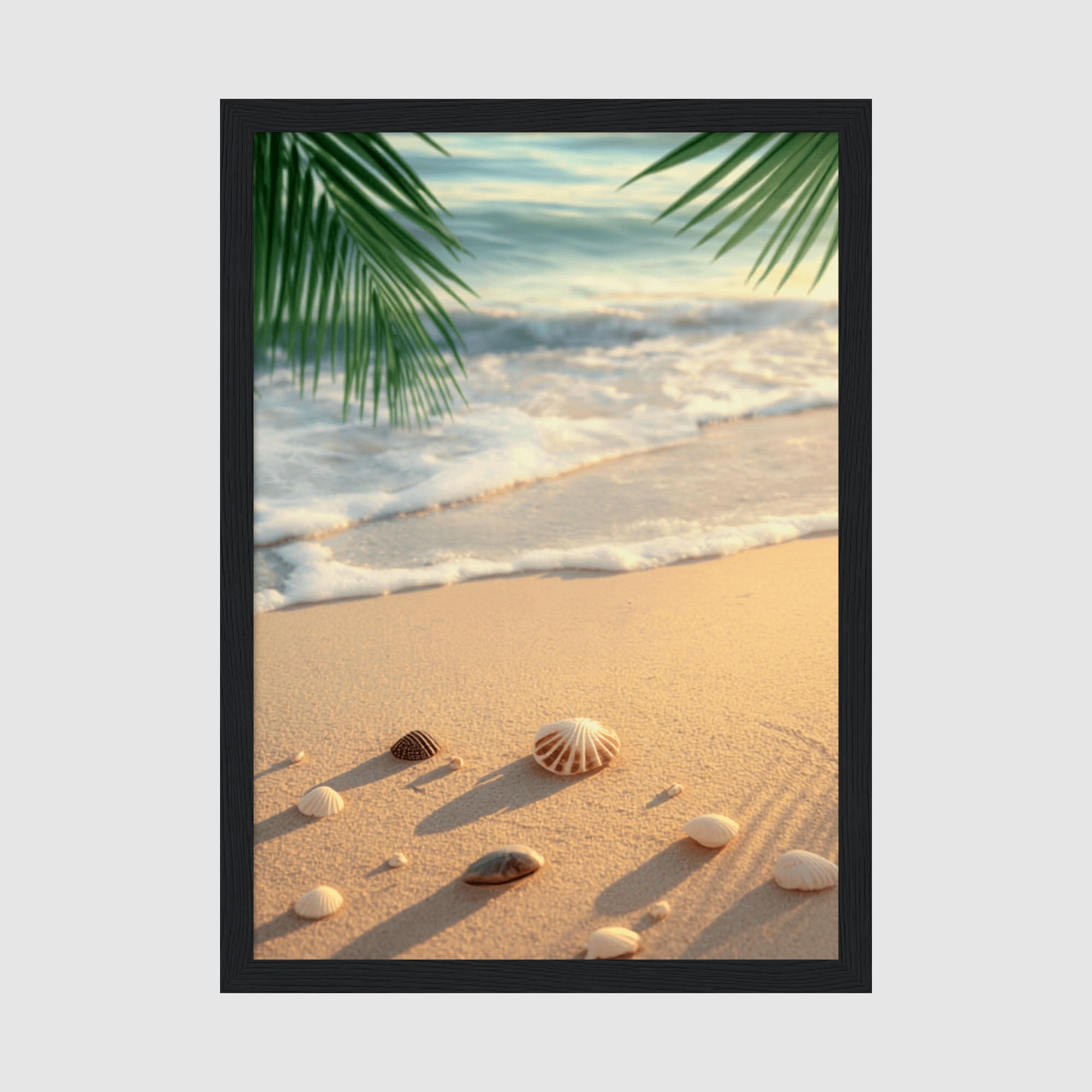 Framed Poster A4 Classic Black Frame - Serene beach scene with golden sand, gentle ocean waves, scattered seashells with shadows, and tropical palm fronds framing the top