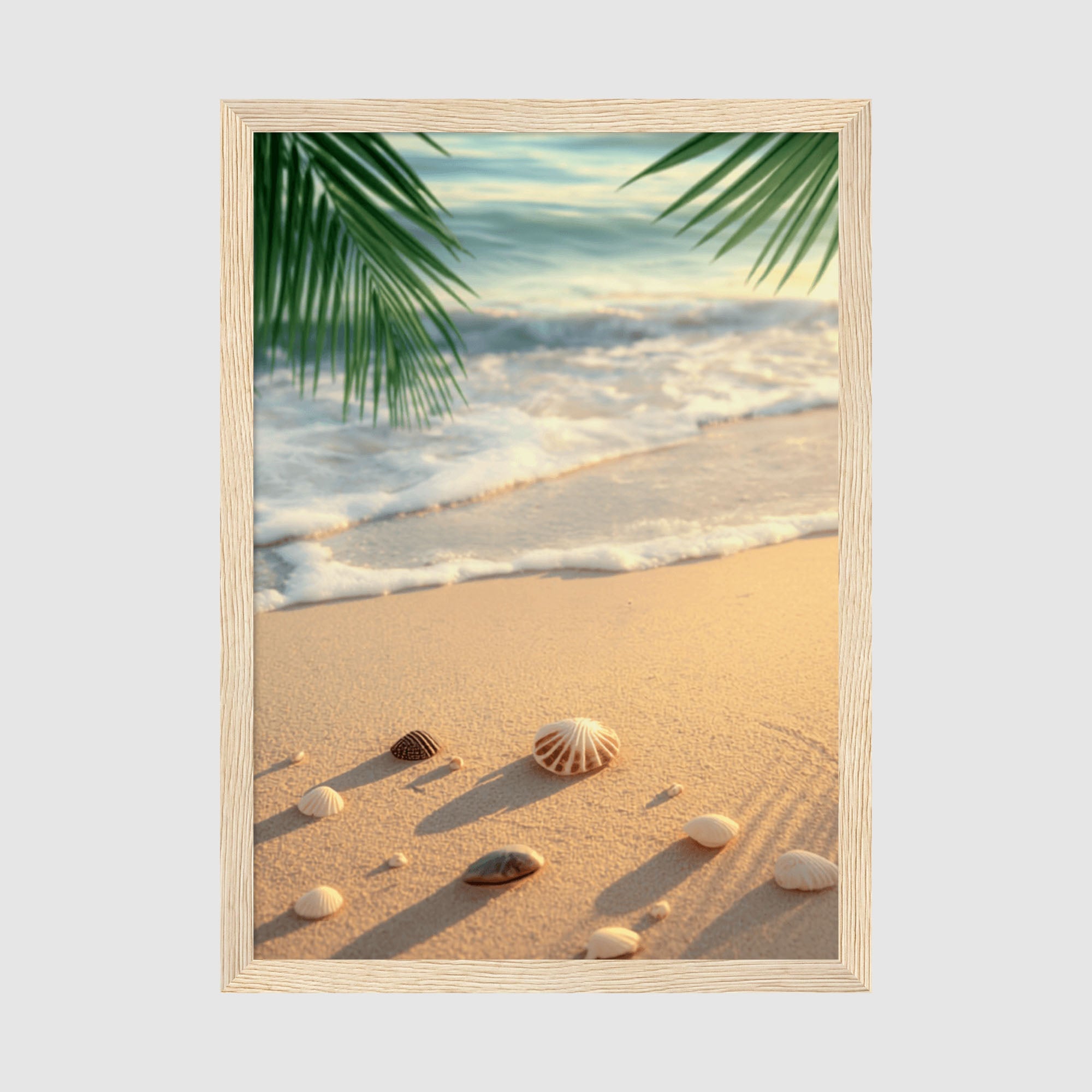 Framed Poster A2 Natural Wood Frame - Wide panoramic beach landscape with seashells, foamy waves, and lush green palm fronds creating a peaceful seaside view