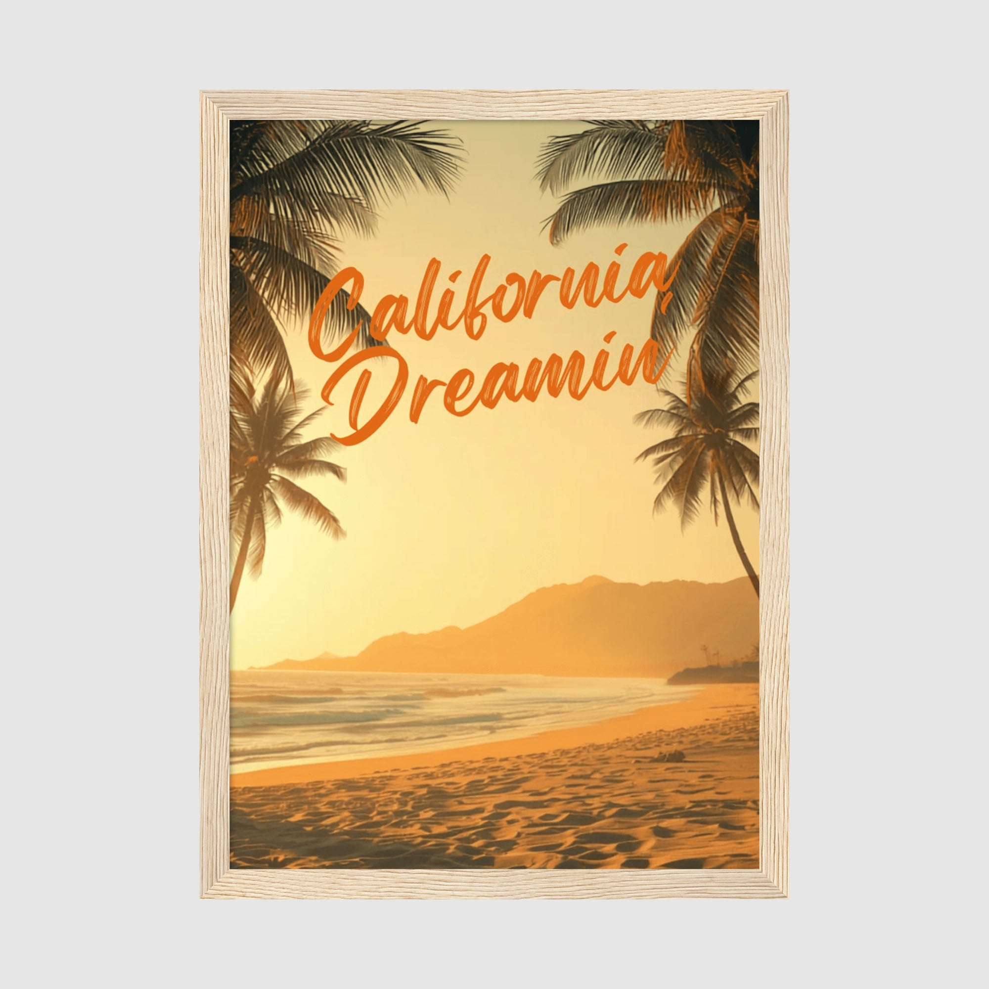 Framed Poster A2 Natural Wood Frame - California Dreaming beach print featuring layered palm trees and warm amber-toned sunset reflecting on water