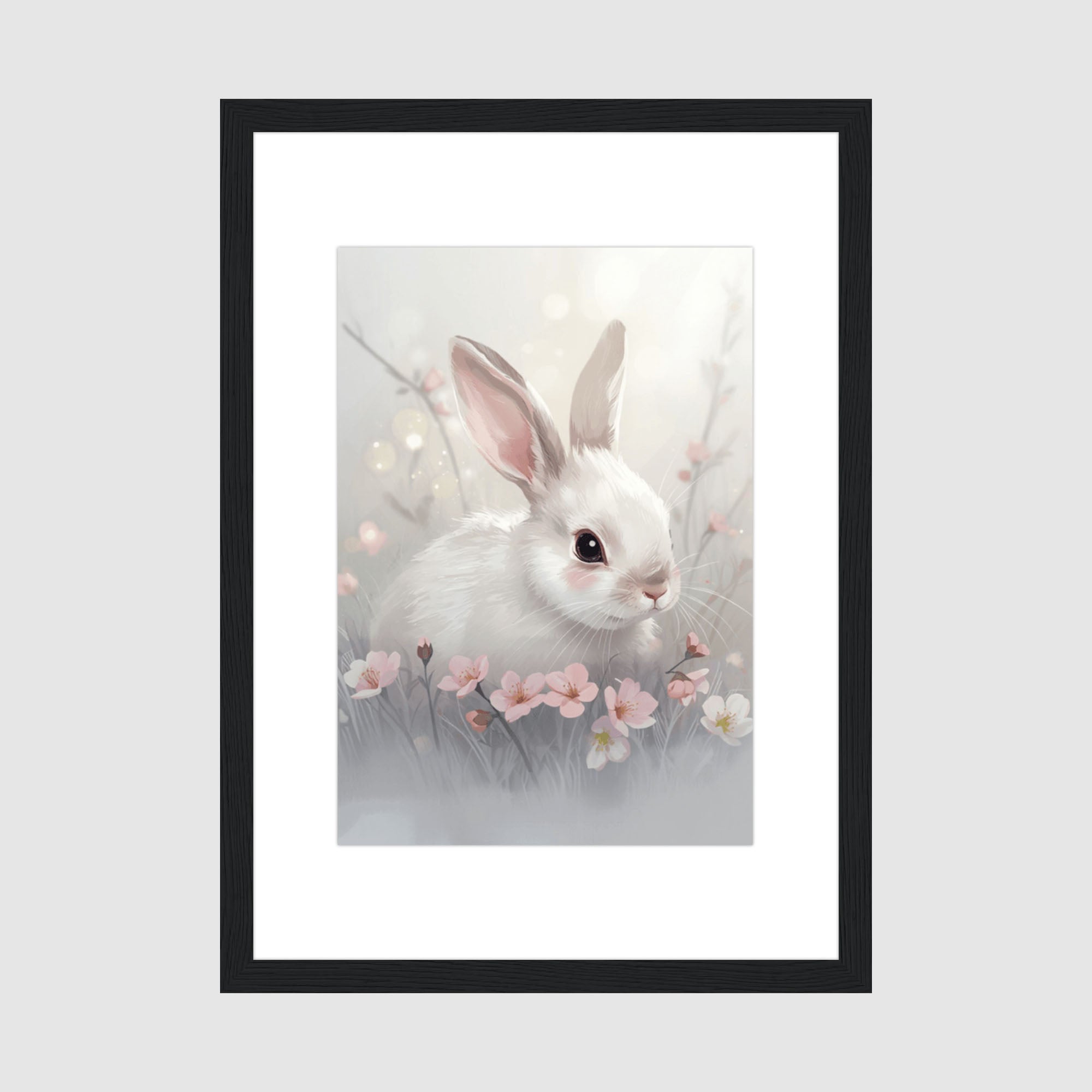 Framed Print A4 Black Frame - White fluffy bunny surrounded by soft pink and white flowers with misty woodland background