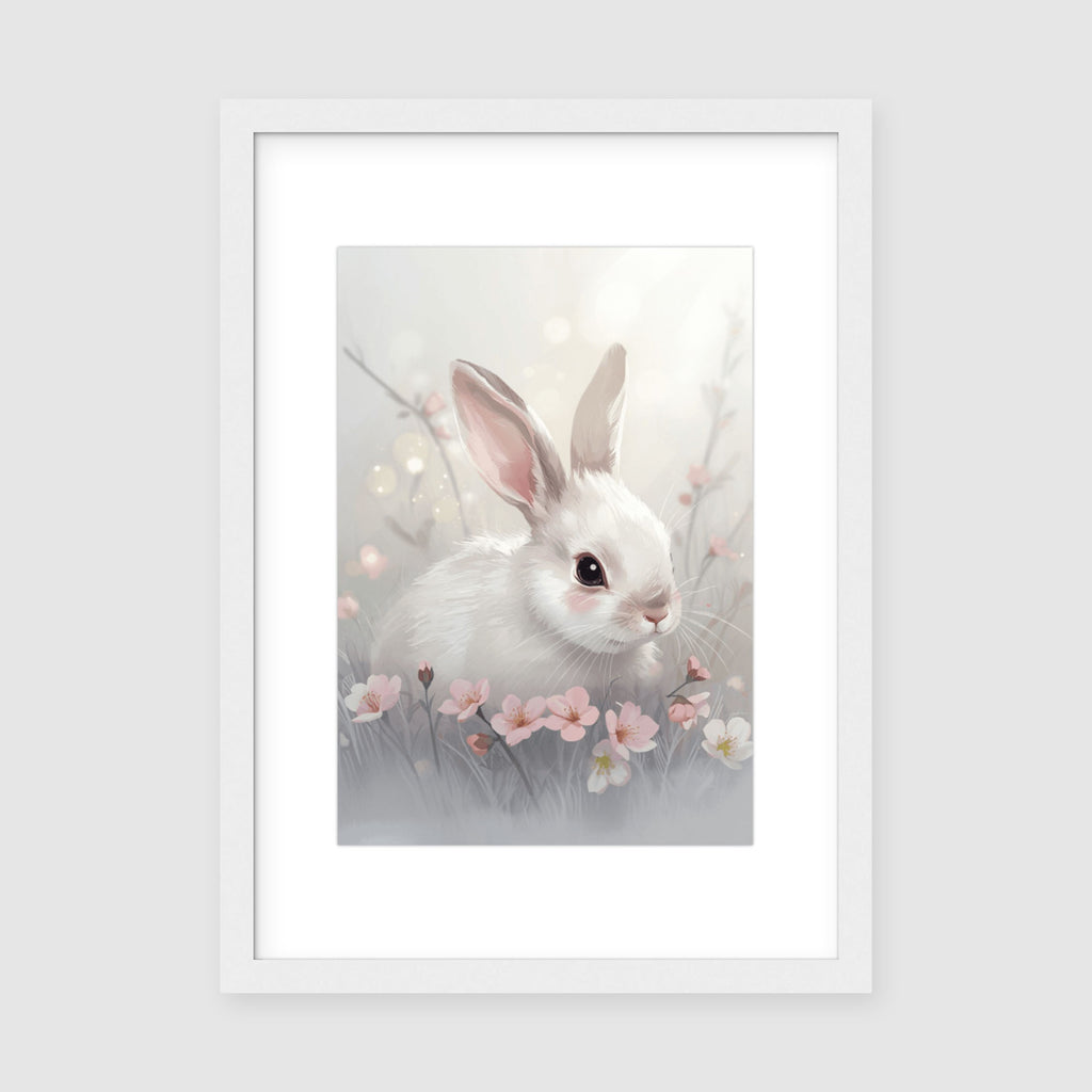 Framed Print A3 White Frame - Gentle illustration of white rabbit with delicate blossoms and dreamy soft color palette