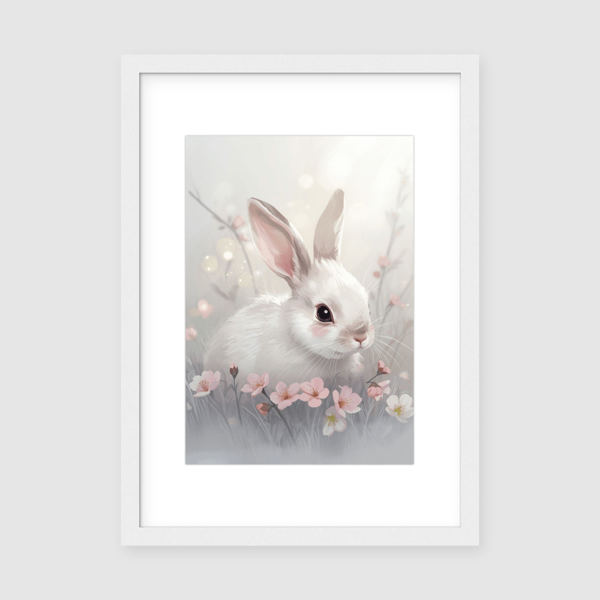 Framed Print A3 White Frame - Gentle illustration of white rabbit with delicate blossoms and dreamy soft color palette