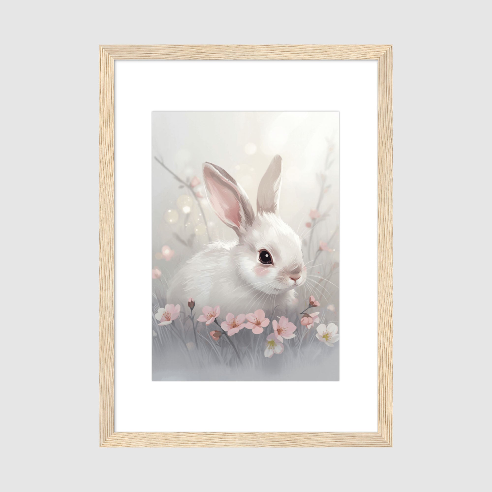 Framed Print A2 Wood Frame - Peaceful woodland scene featuring white bunny nestled among pastel flowers and grasses