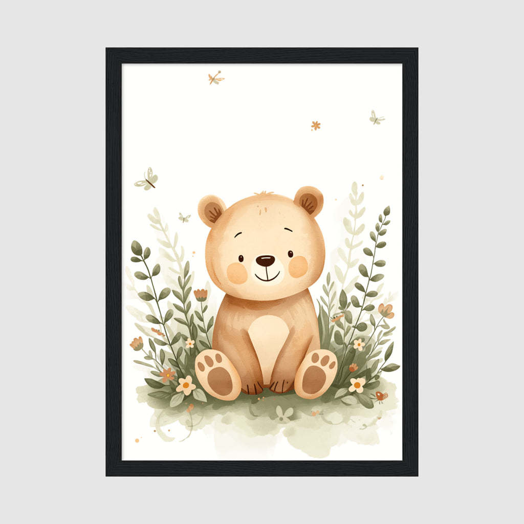 Framed Poster A4 Classic Black Frame - Cute baby bear surrounded by woodland plants, wildflowers, and flying insects in warm brown and green tones