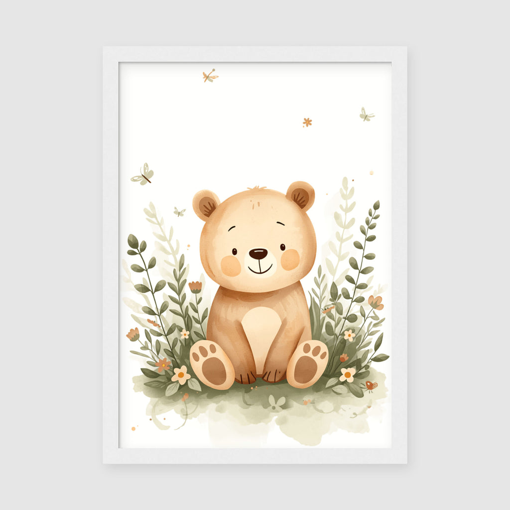 Framed Poster A3 Classic White Frame - Smiling bear character nestled among soft botanical leaves and delicate orange and cream flowers