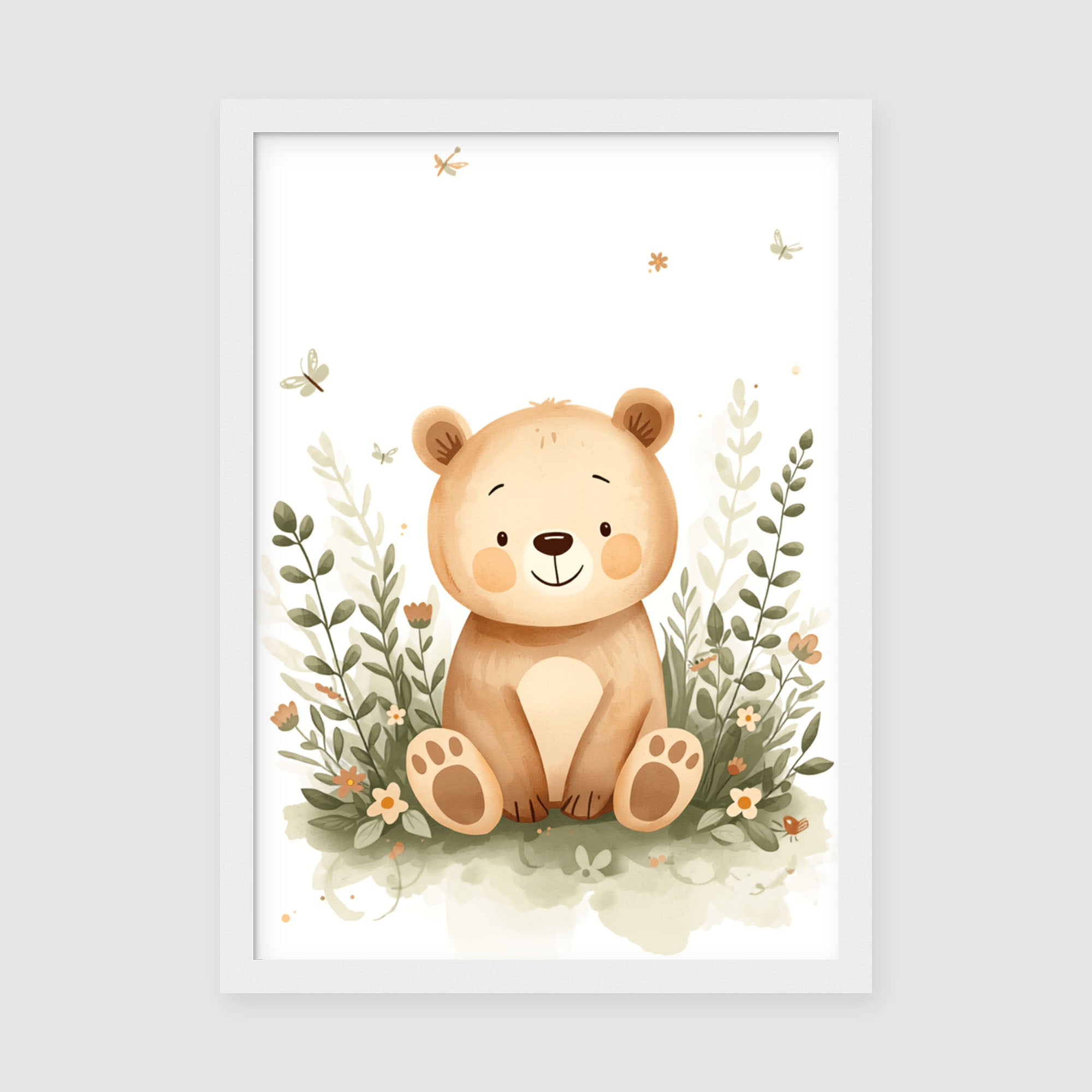 Framed Poster A3 Classic White Frame - Smiling bear character nestled among soft botanical leaves and delicate orange and cream flowers