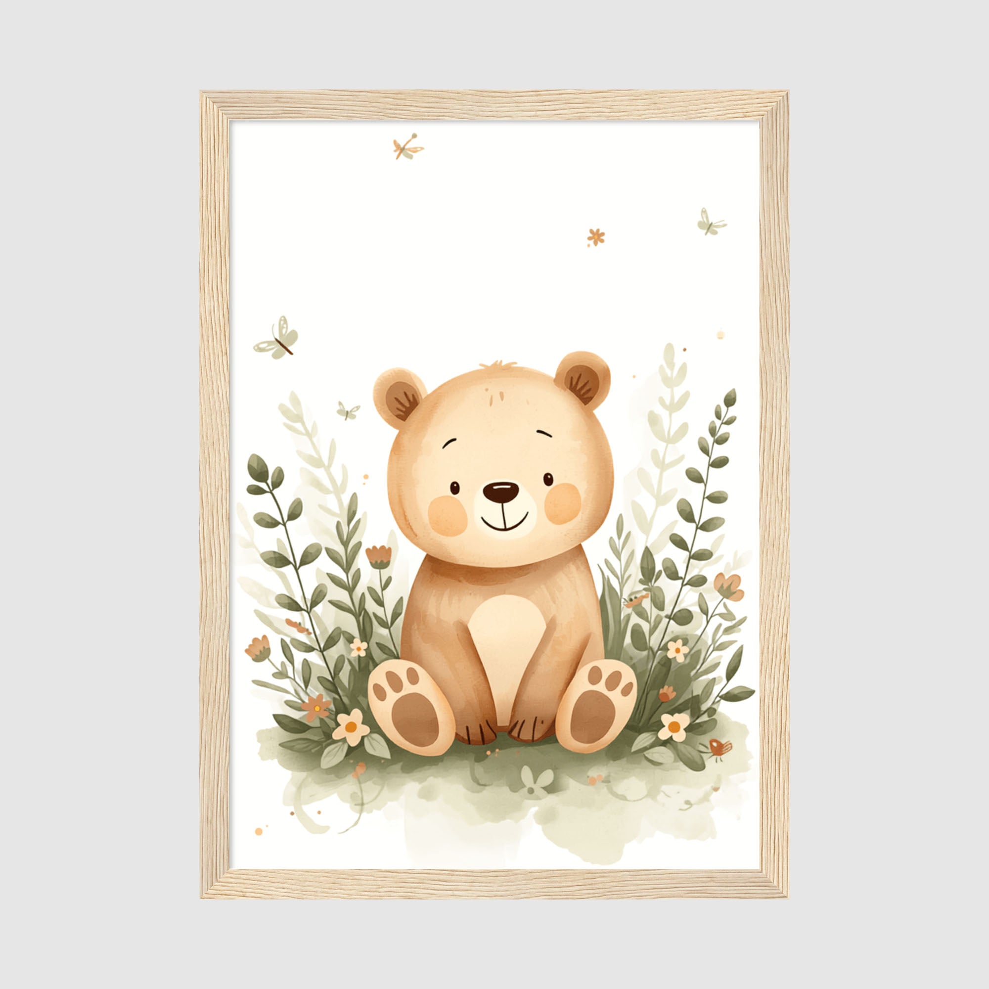 Framed Poster A2 Classic Wood Frame - Full woodland scene with adorable bear sitting peacefully in natural landscape with varied green foliage
