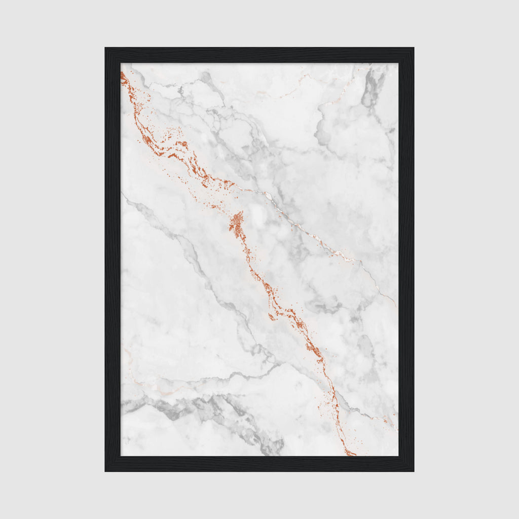 Framed Poster A4 Black Frame - White marble texture with warm copper metallic lines flowing diagonally across minimalist composition
