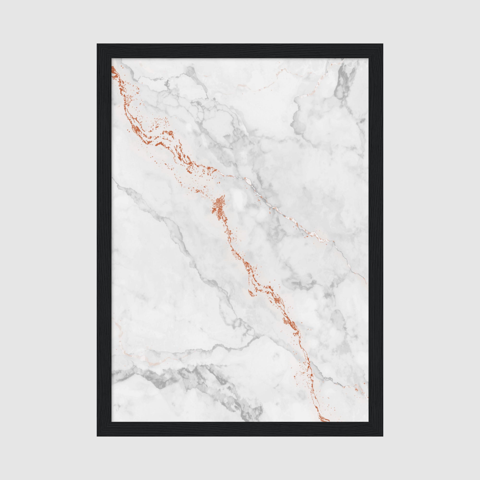 Framed Poster A4 Black Frame - White marble texture with warm copper metallic lines flowing diagonally across minimalist composition