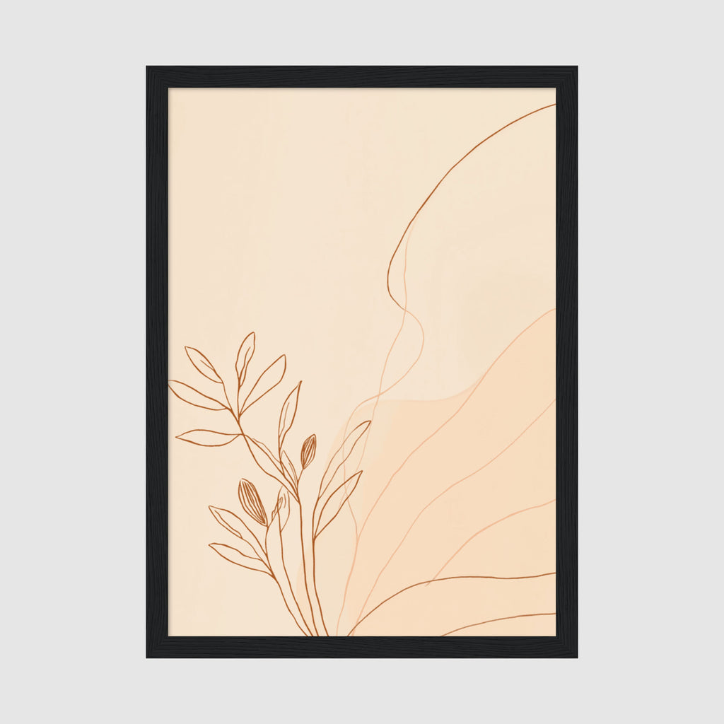 Framed Poster A4 Classic Black Frame - Minimalist botanical line art with flowing terracotta and cream leaf branches on cream background