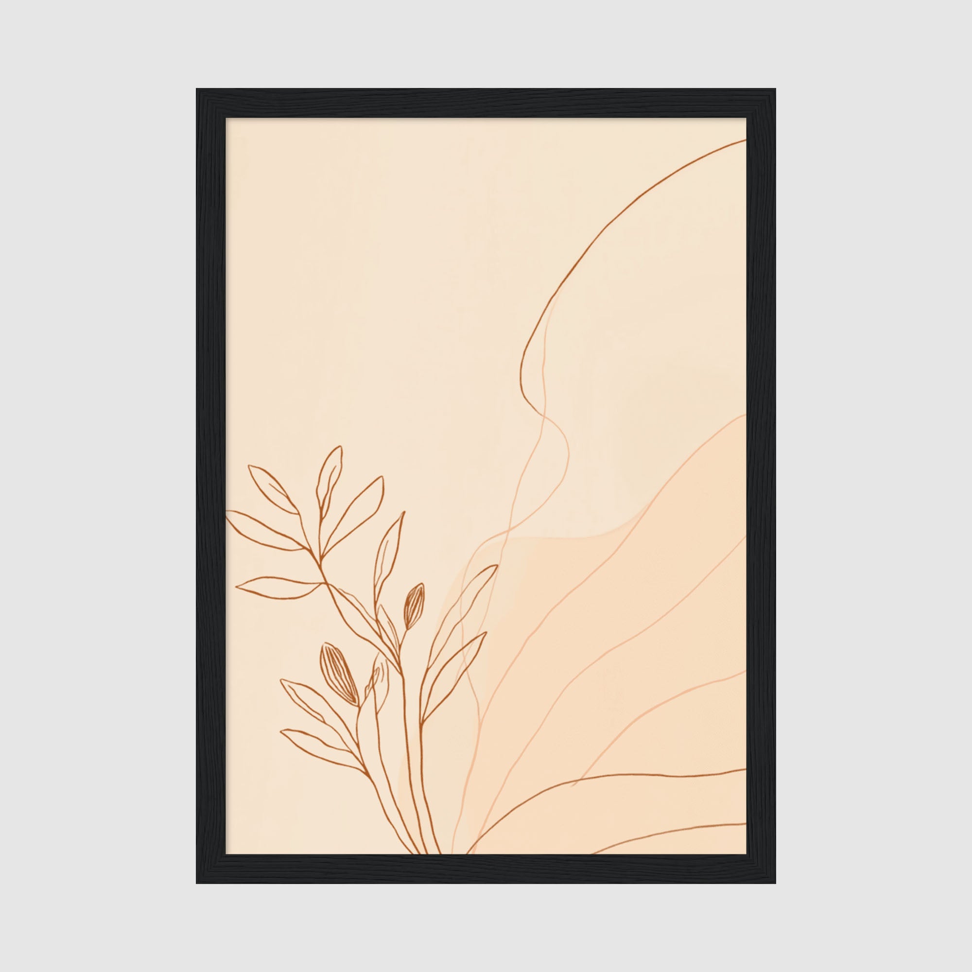 Framed Poster A4 Classic Black Frame - Minimalist botanical line art with flowing terracotta and cream leaf branches on cream background