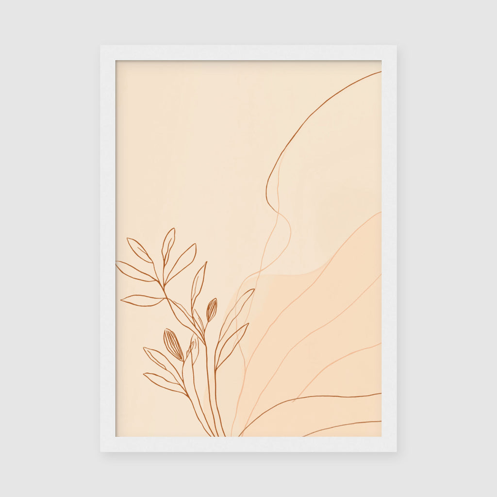 Framed Poster A3 Classic White Frame - Delicate hand-drawn botanical design featuring organic curved lines in warm terracotta tones