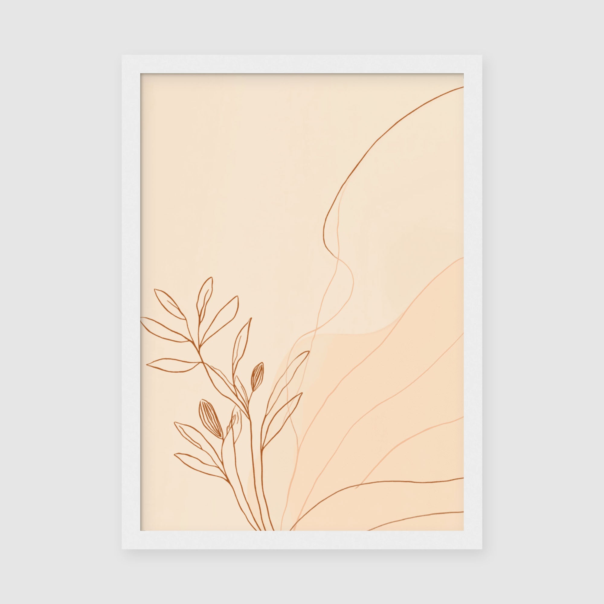 Framed Poster A3 Classic White Frame - Delicate hand-drawn botanical design featuring organic curved lines in warm terracotta tones
