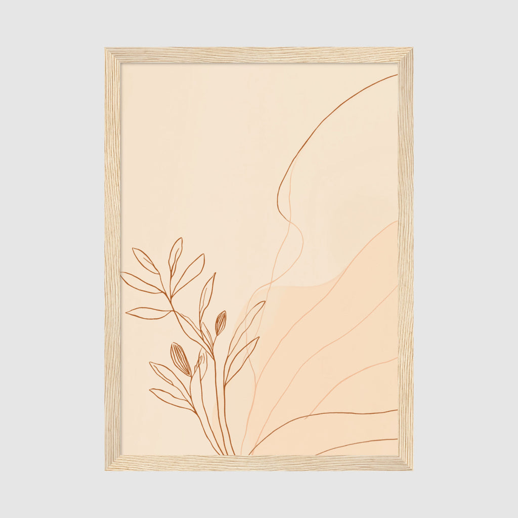 Framed Poster A2 Classic Wood Frame - Large boho line art print showing elegant leafy botanical stems with flowing curved elements