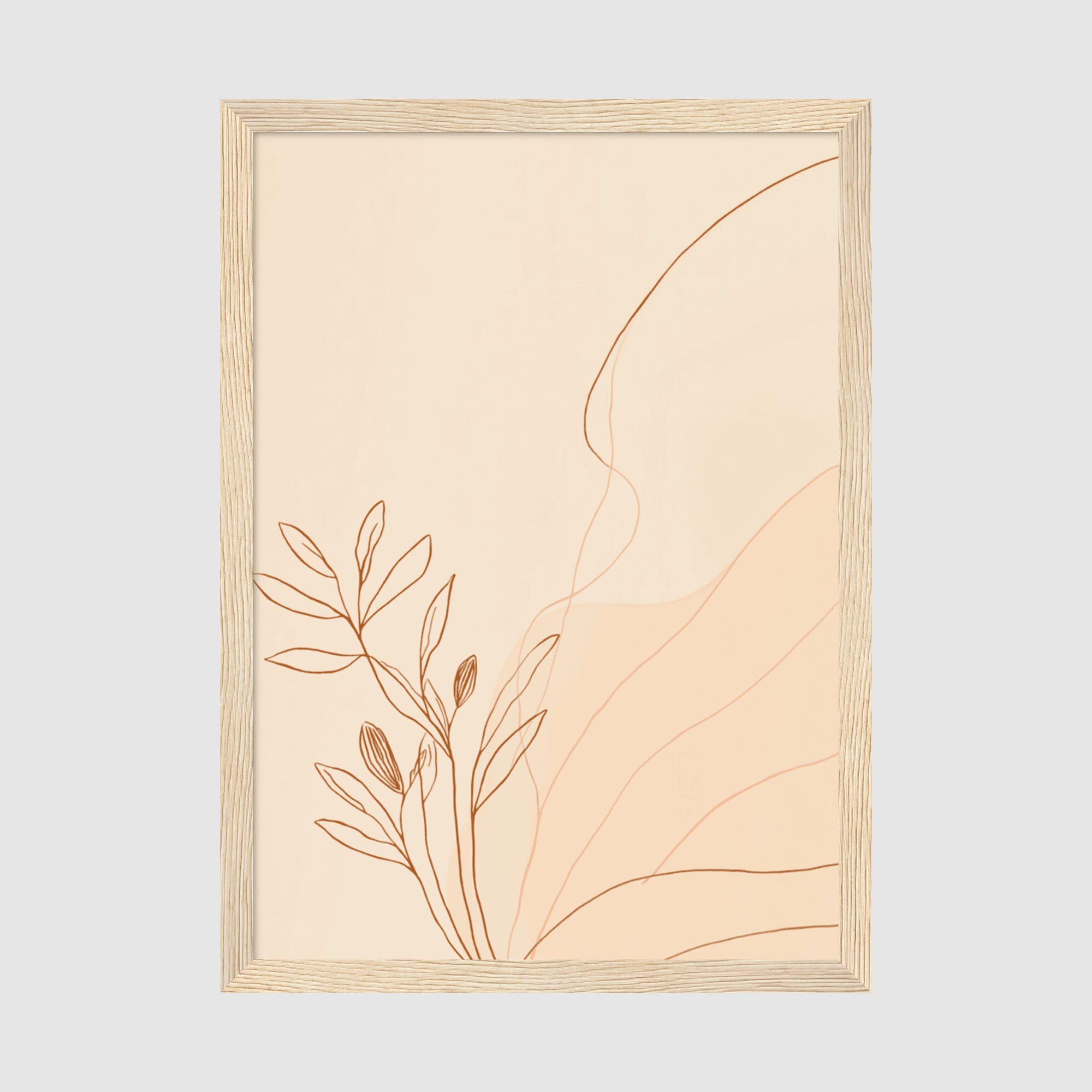 Framed Poster A2 Classic Wood Frame - Large boho line art print showing elegant leafy botanical stems with flowing curved elements