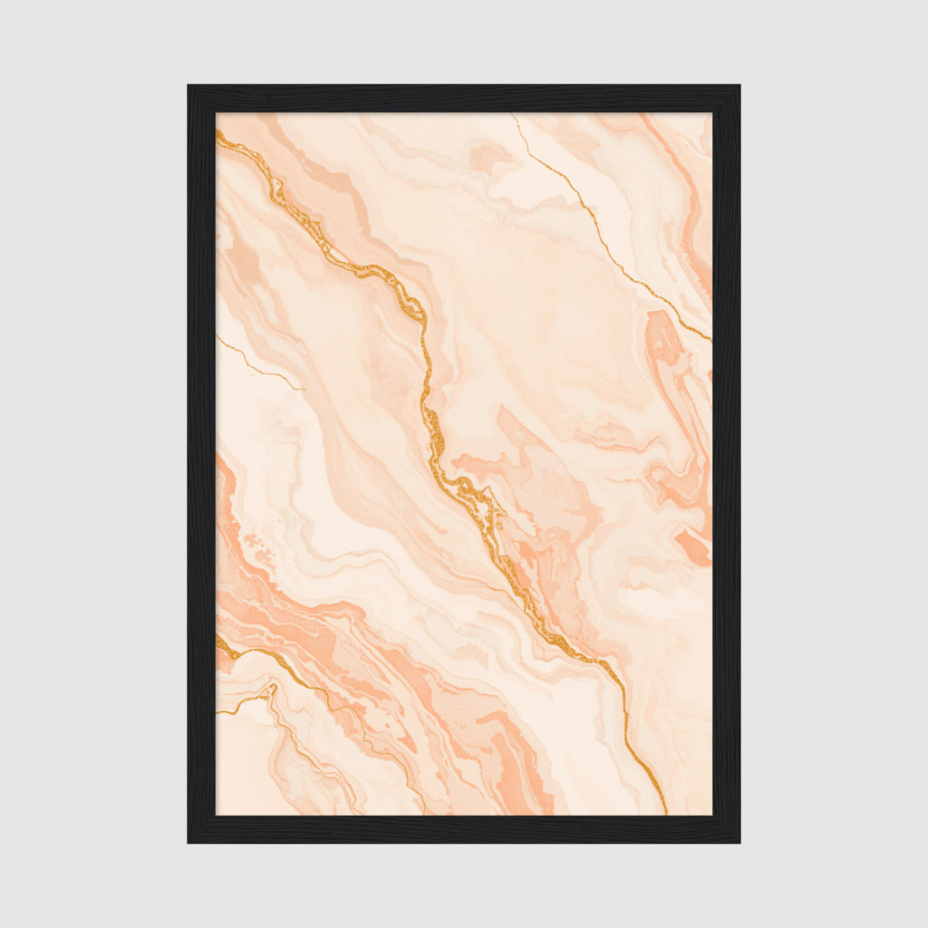 Framed Peach Marble Print A4 Black Frame - Soft peach and cream marble texture with golden veining flowing diagonally across the composition