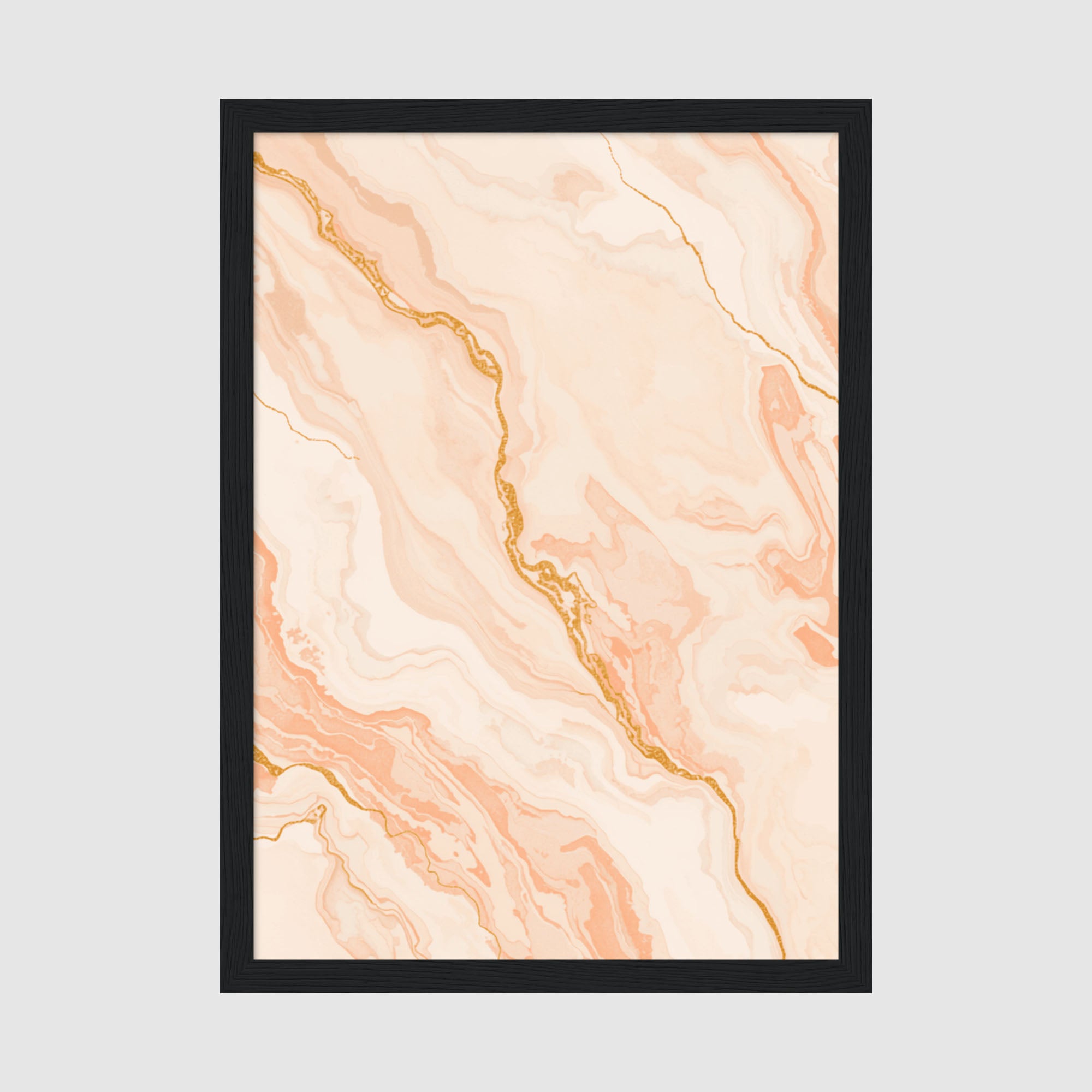 Framed Peach Marble Print A4 Black Frame - Soft peach and cream marble texture with golden veining flowing diagonally across the composition