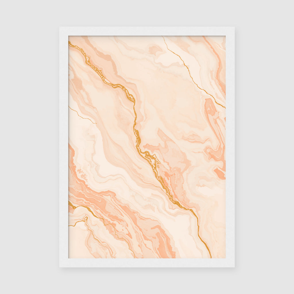 Framed Peach Marble Print A4 White Frame - Abstract marble design featuring layered peachy tones with metallic gold accents creating elegant flowing patterns