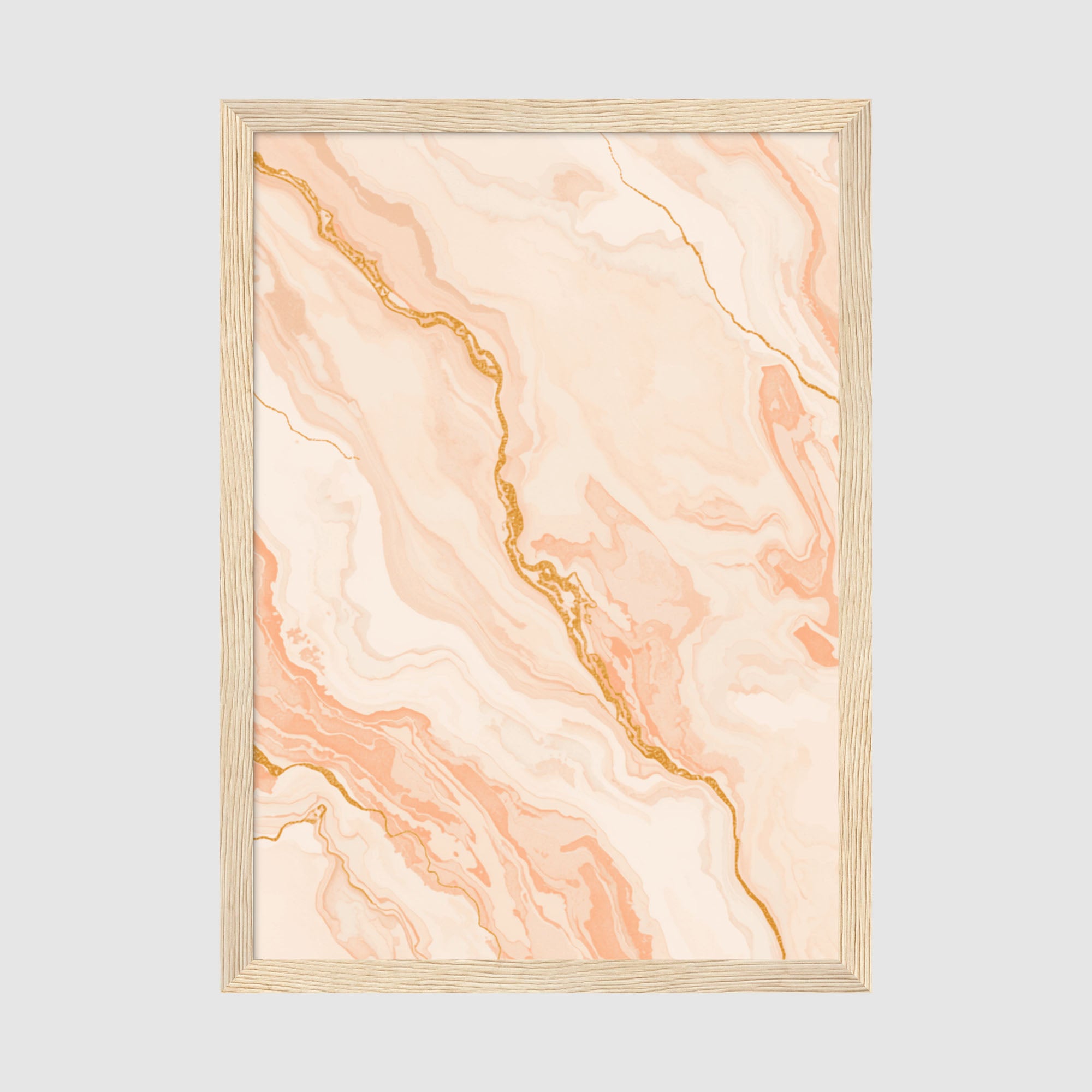Framed Peach Marble Print A3 Wood Frame - Warm marble effect artwork with organic curves and graceful golden lines on neutral cream background