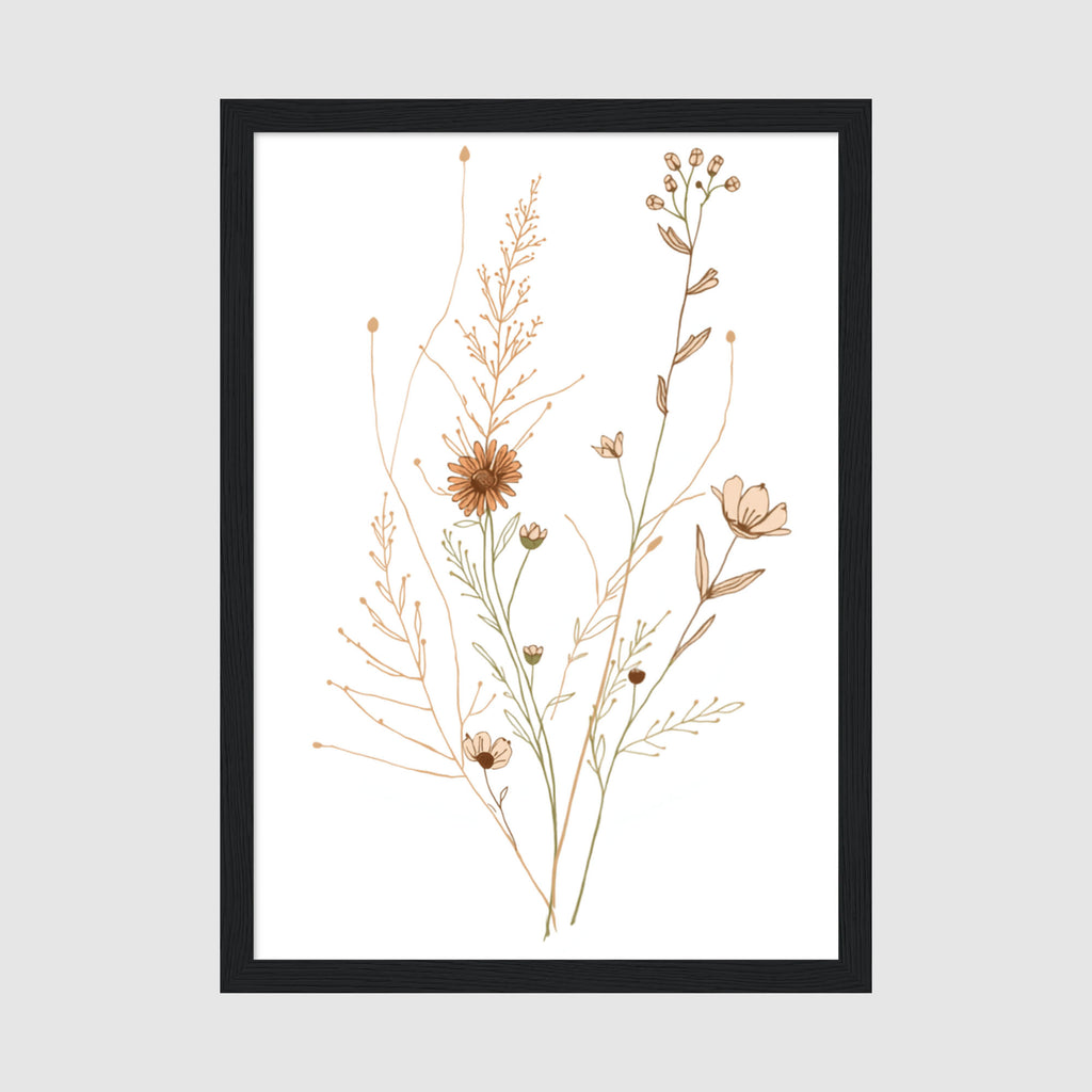 Framed Poster A4 Classic Black Frame - Minimalist line art botanical composition with delicate wildflowers, dried flower stems, and branching plants in warm taupe and brown tones