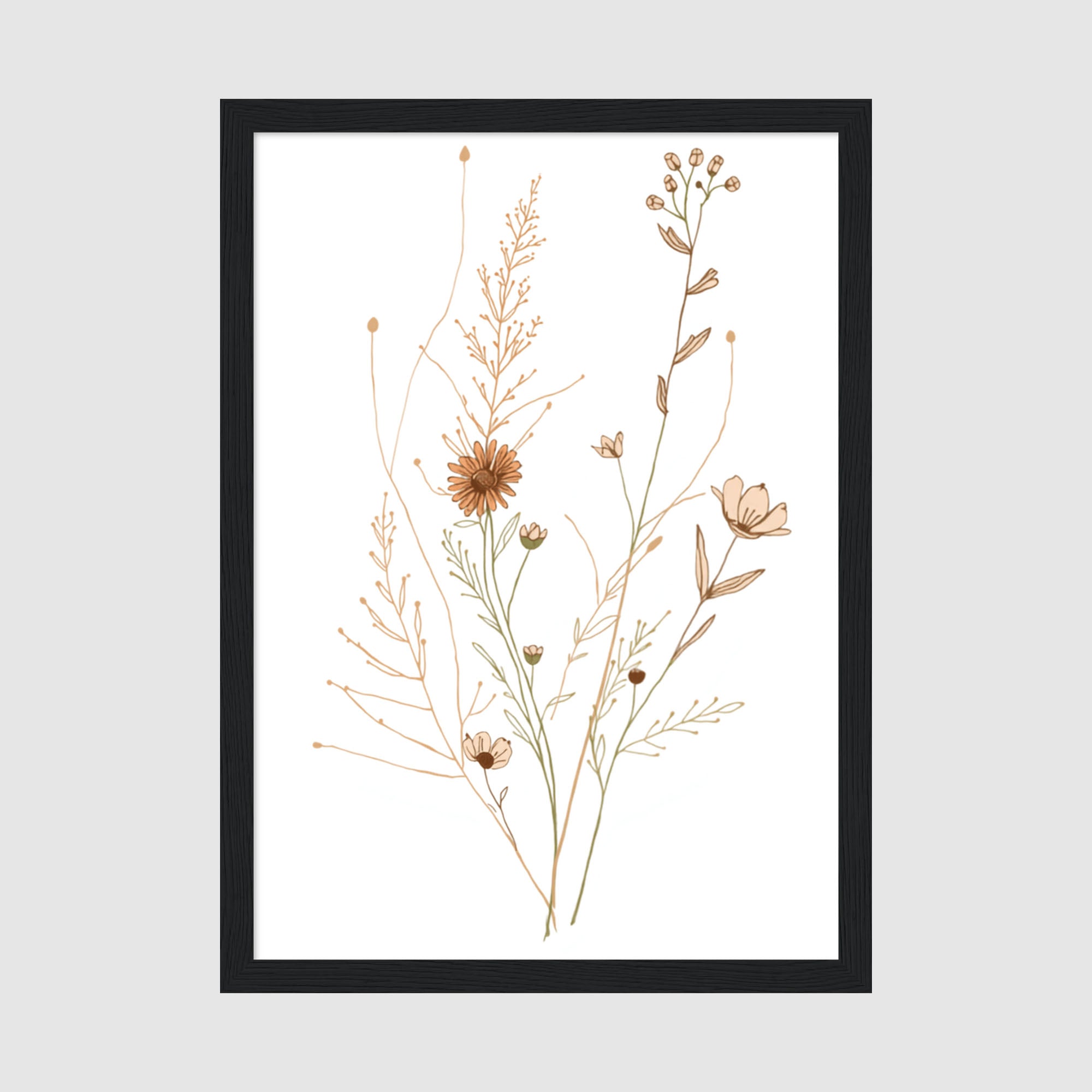 Framed Poster A4 Classic Black Frame - Minimalist line art botanical composition with delicate wildflowers, dried flower stems, and branching plants in warm taupe and brown tones