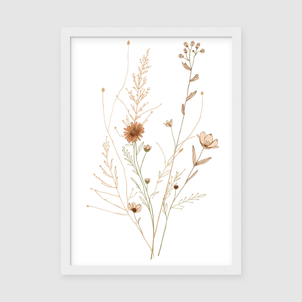 Framed Poster A4 Classic White Frame - Intricate boho floral design featuring interconnected botanical stems with small blooms and seeds in soft earth tones on white background
