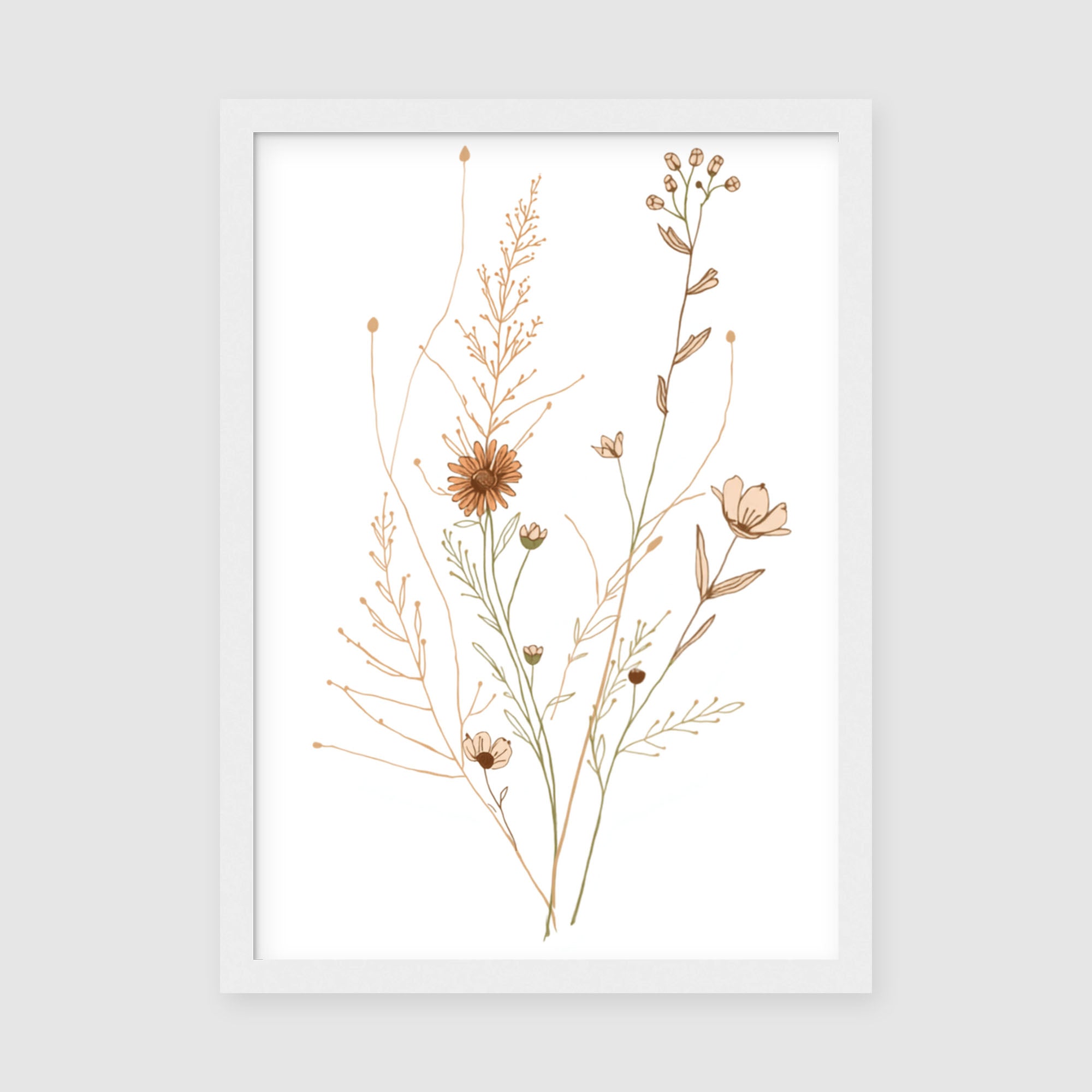 Framed Poster A4 Classic White Frame - Intricate boho floral design featuring interconnected botanical stems with small blooms and seeds in soft earth tones on white background