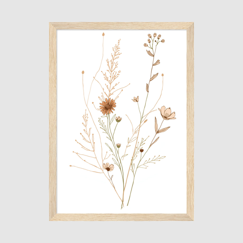 Framed Poster A3 Classic Wood Frame - Elegant wildflower illustration with detailed line drawings of various plants, flowers, and seedheads in muted browns and warm neutrals