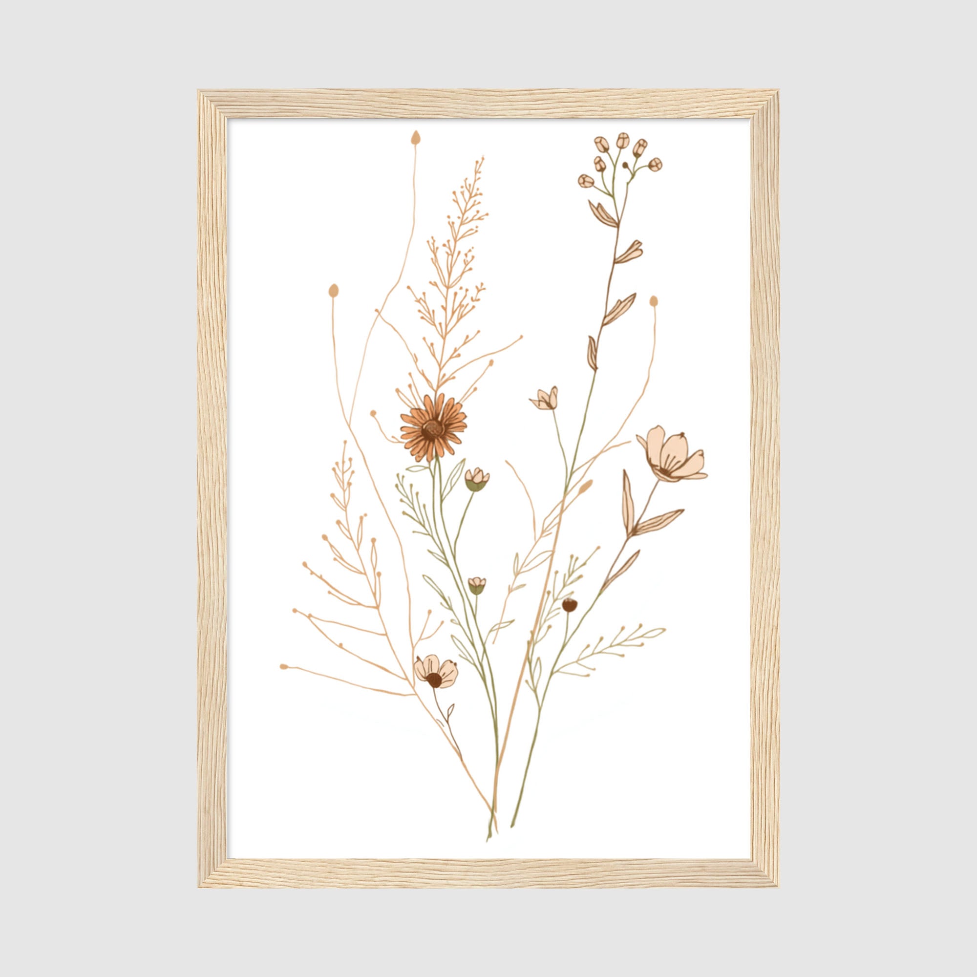 Framed Poster A3 Classic Wood Frame - Elegant wildflower illustration with detailed line drawings of various plants, flowers, and seedheads in muted browns and warm neutrals