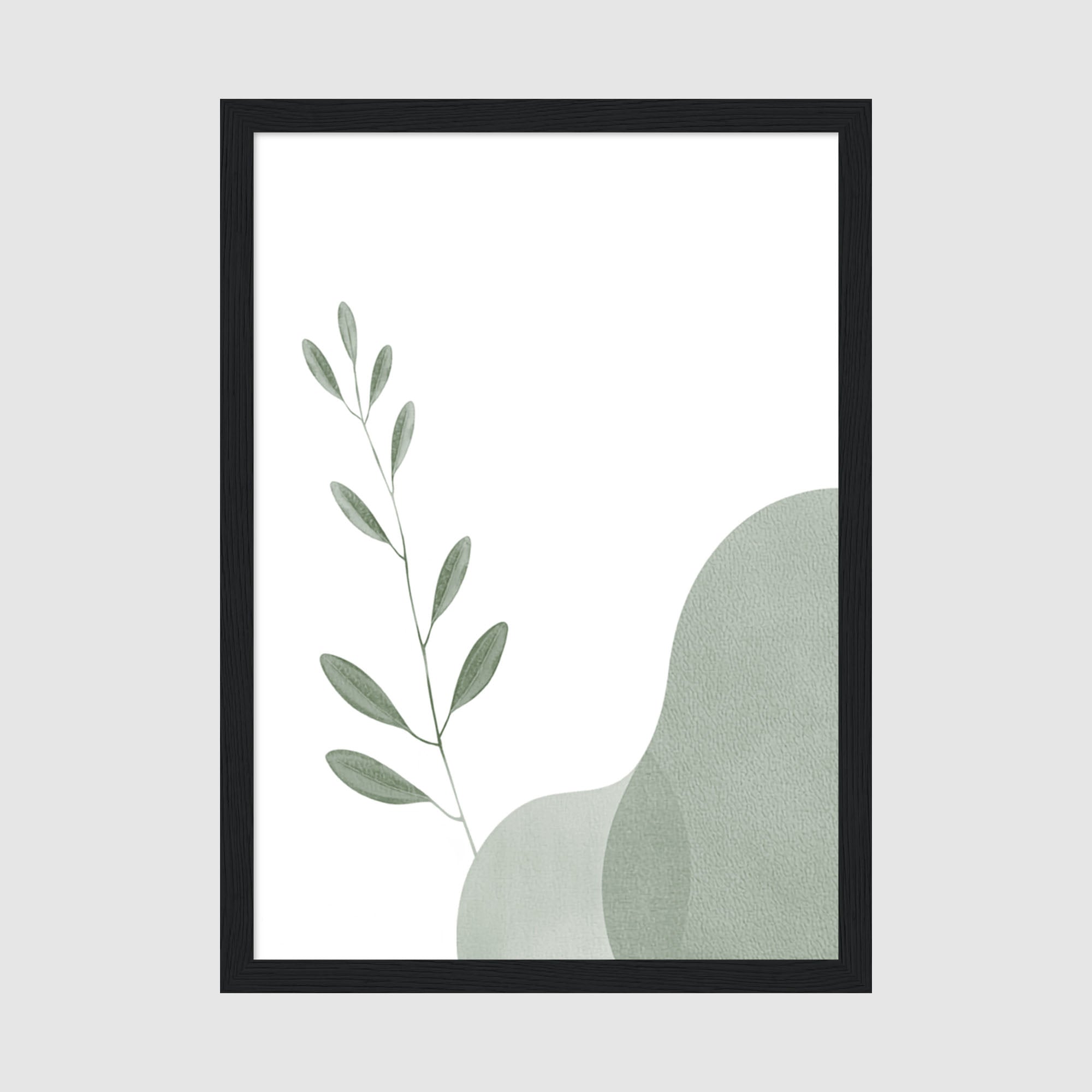 Framed Poster A4 Classic Black Frame - Minimalist botanical artwork with delicate sage green leaves on a graceful stem against a soft neutral background